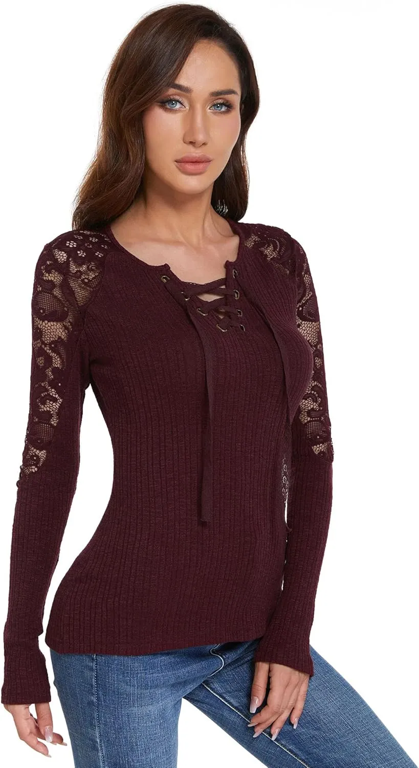 AmélieBoutik Women Floral Lace Inset Lace Up Ribbed Long Sleeve Knit Top