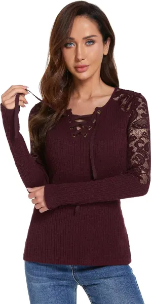 AmélieBoutik Women Floral Lace Inset Lace Up Ribbed Long Sleeve Knit Top