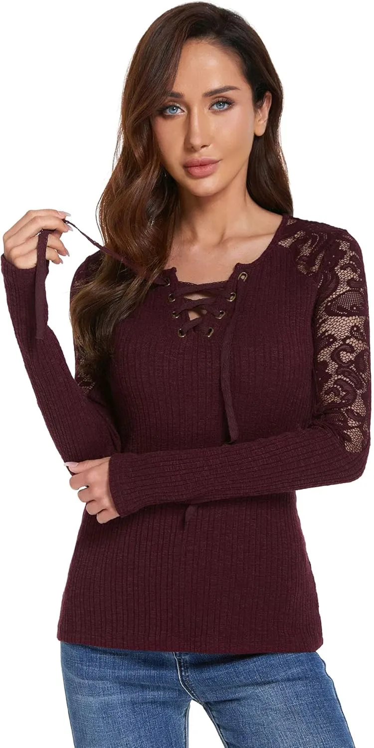 AmélieBoutik Women Floral Lace Inset Lace Up Ribbed Long Sleeve Knit Top