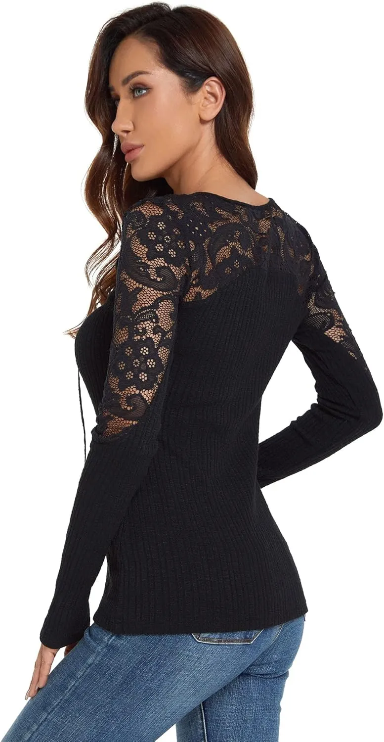 AmélieBoutik Women Floral Lace Inset Lace Up Ribbed Long Sleeve Knit Top
