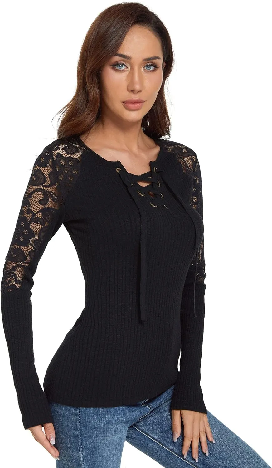 AmélieBoutik Women Floral Lace Inset Lace Up Ribbed Long Sleeve Knit Top