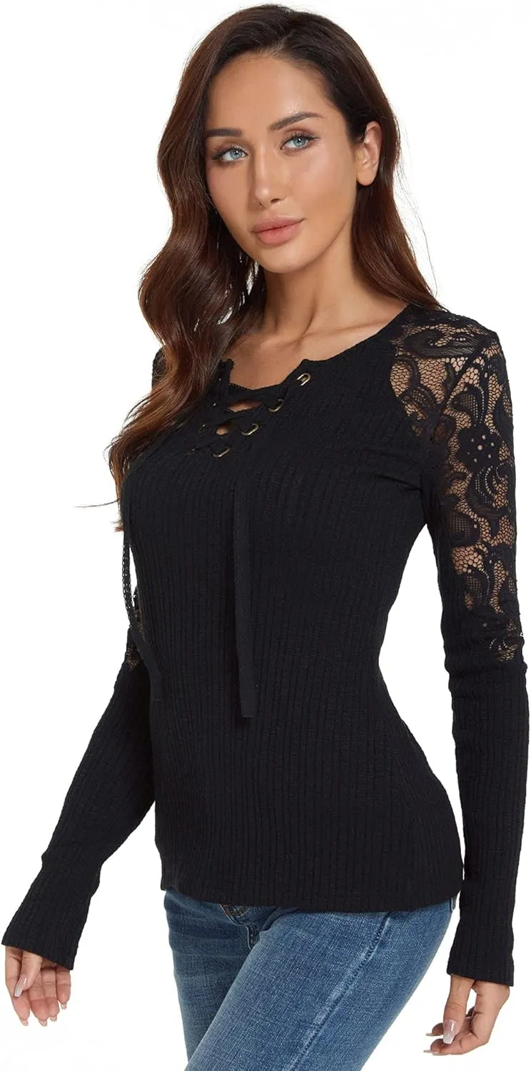 AmélieBoutik Women Floral Lace Inset Lace Up Ribbed Long Sleeve Knit Top