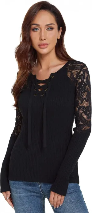 AmélieBoutik Women Floral Lace Inset Lace Up Ribbed Long Sleeve Knit Top