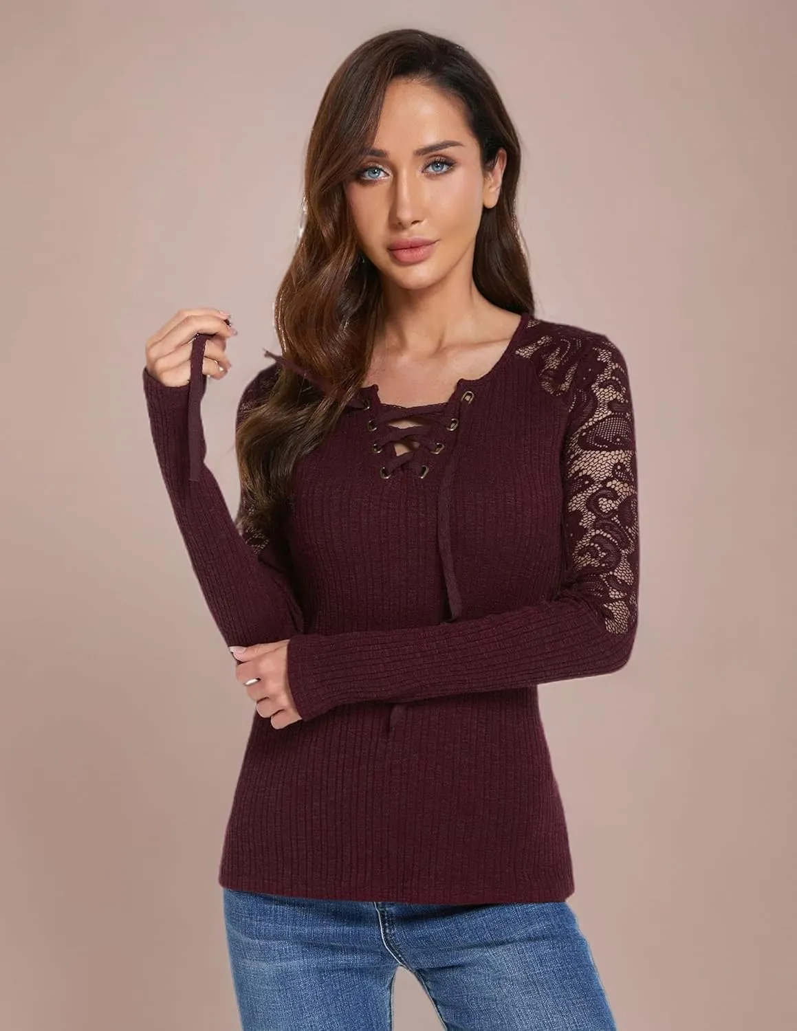 AmélieBoutik Women Floral Lace Inset Lace Up Ribbed Long Sleeve Knit Top