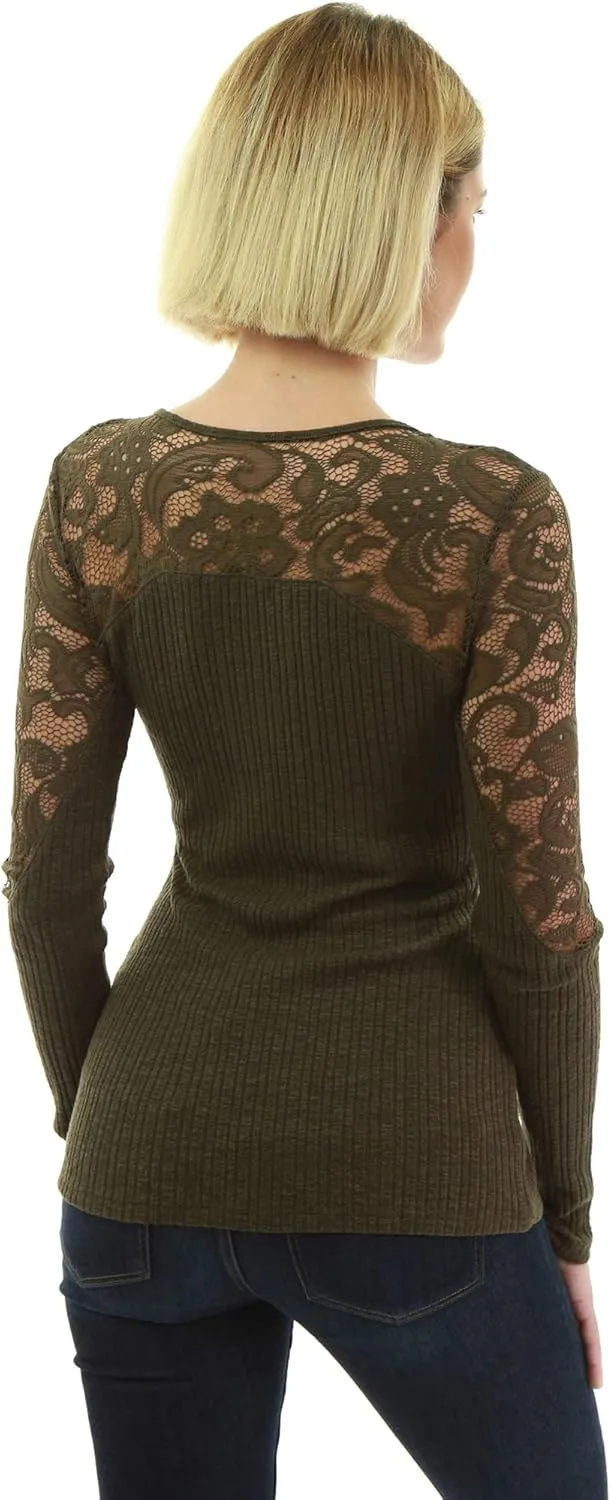 AmélieBoutik Women Floral Lace Inset Lace Up Ribbed Long Sleeve Knit Top