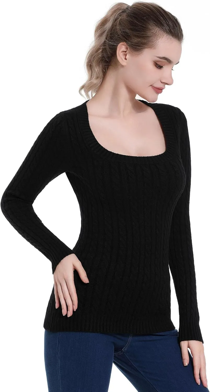 AmlieBoutik Women Scoop Neck Cable Knit Long Sleeve Sweater Top
