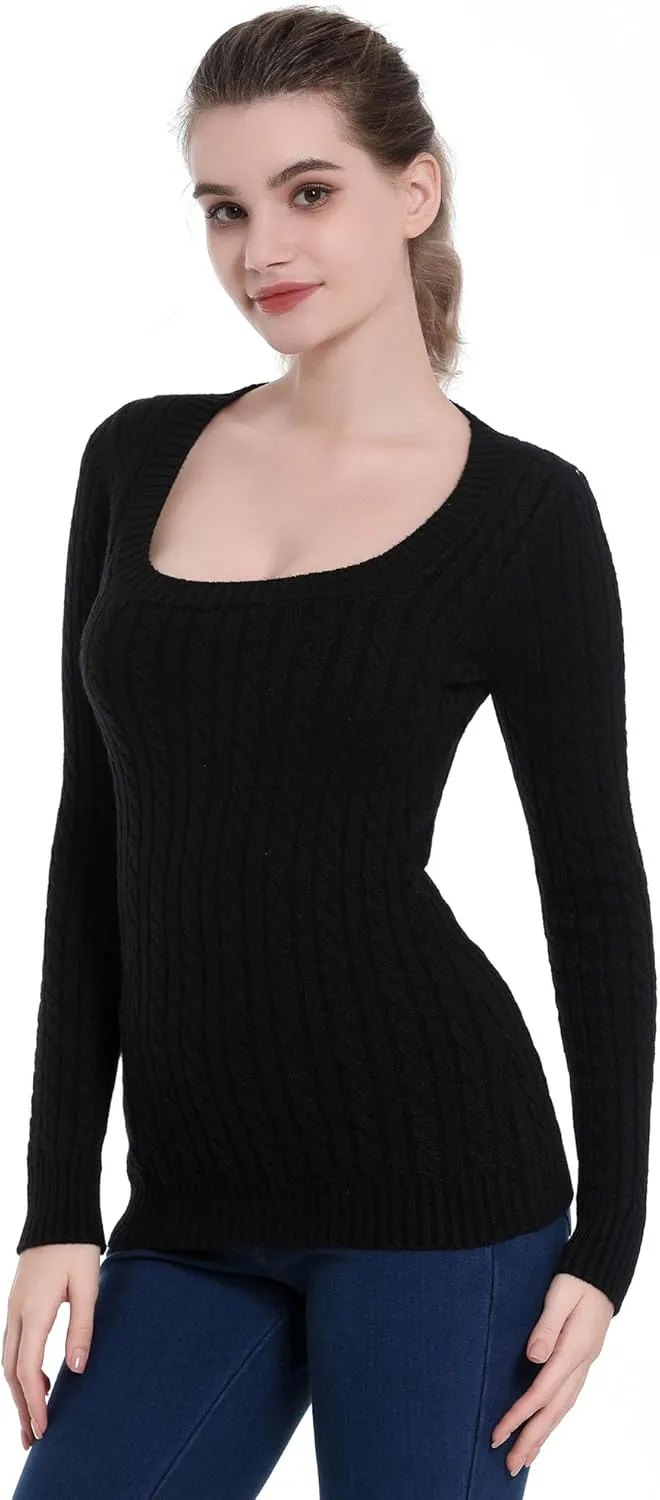 AmlieBoutik Women Scoop Neck Cable Knit Long Sleeve Sweater Top