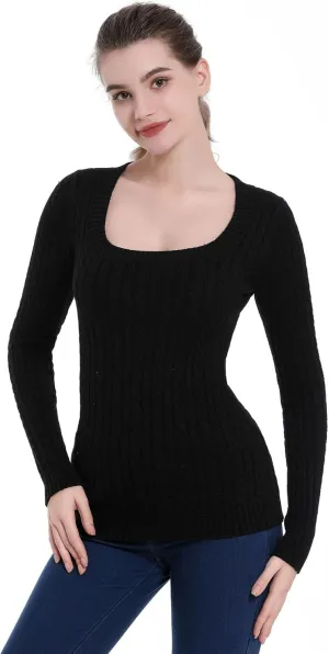 AmlieBoutik Women Scoop Neck Cable Knit Long Sleeve Sweater Top
