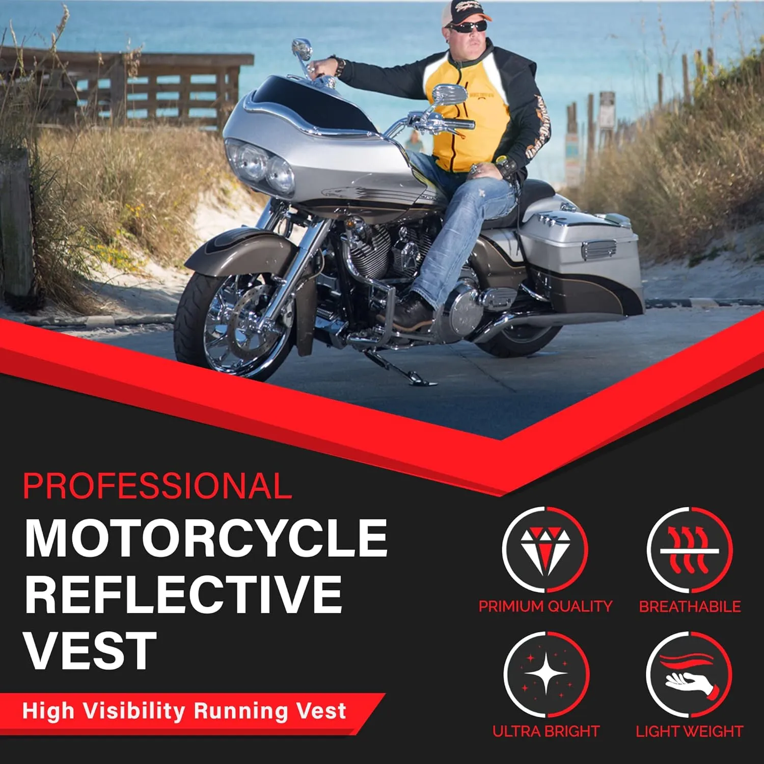Badass Moto Safety Vest With Pockets. Motorcycle Reflective Vest For Motorcycle Jacket. High Visibility Running Vest