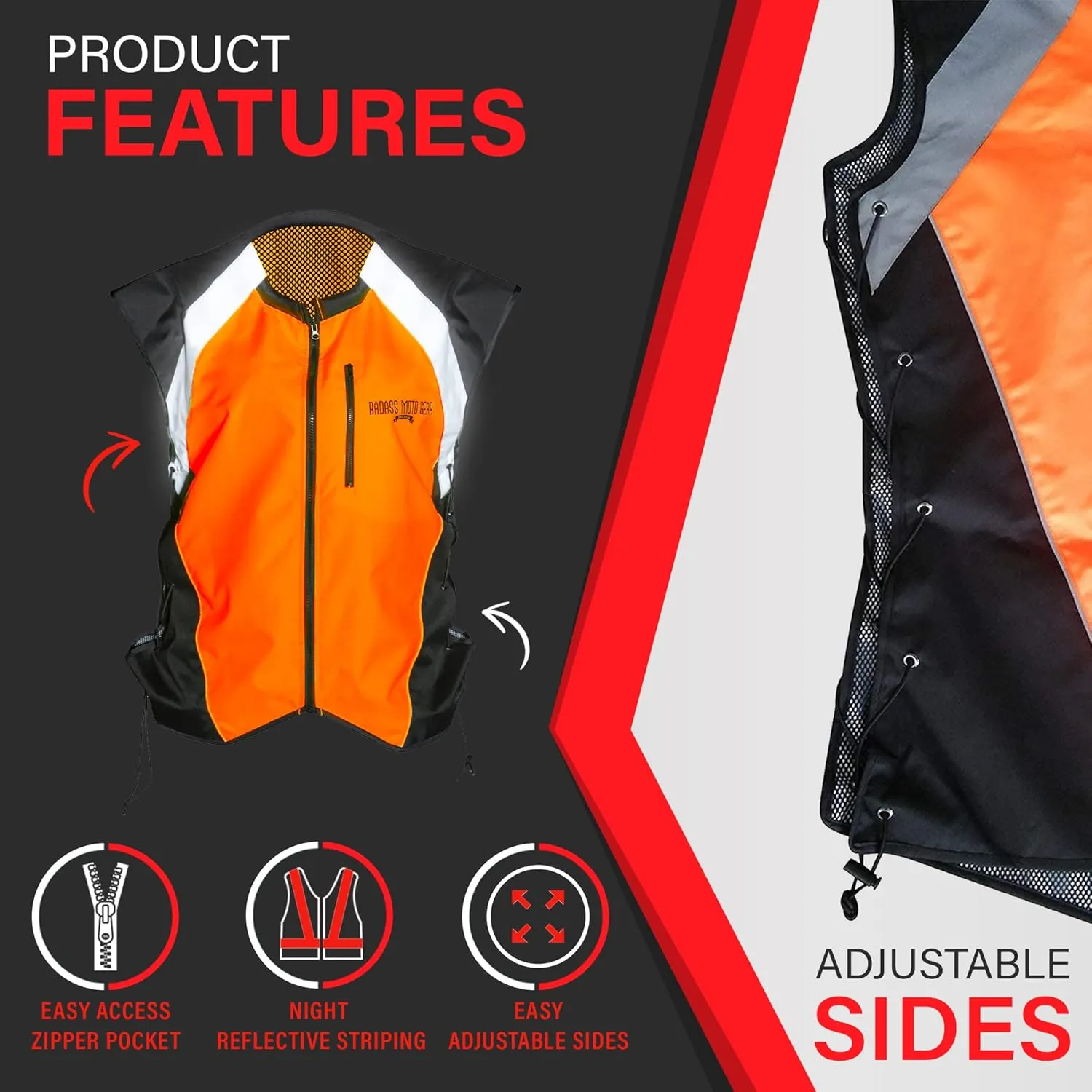 Badass Moto Safety Vest With Pockets. Motorcycle Reflective Vest For Motorcycle Jacket. High Visibility Running Vest