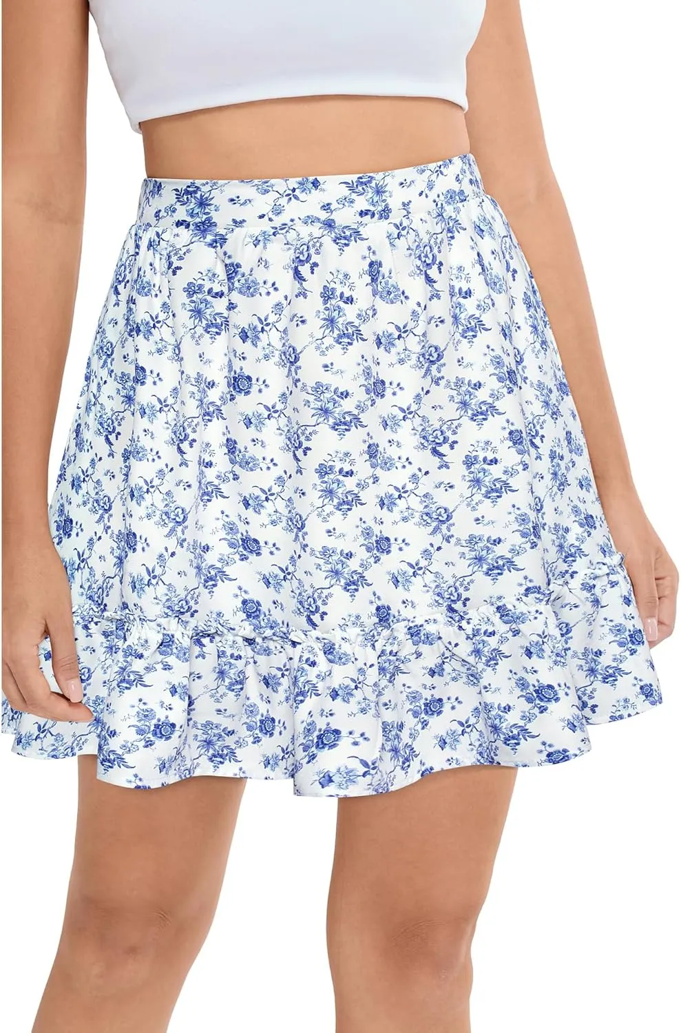 Belle Poque Womens Summer Floral Mini Skirt Casual High Waist Ruffle Flowy Boho Short Skirts