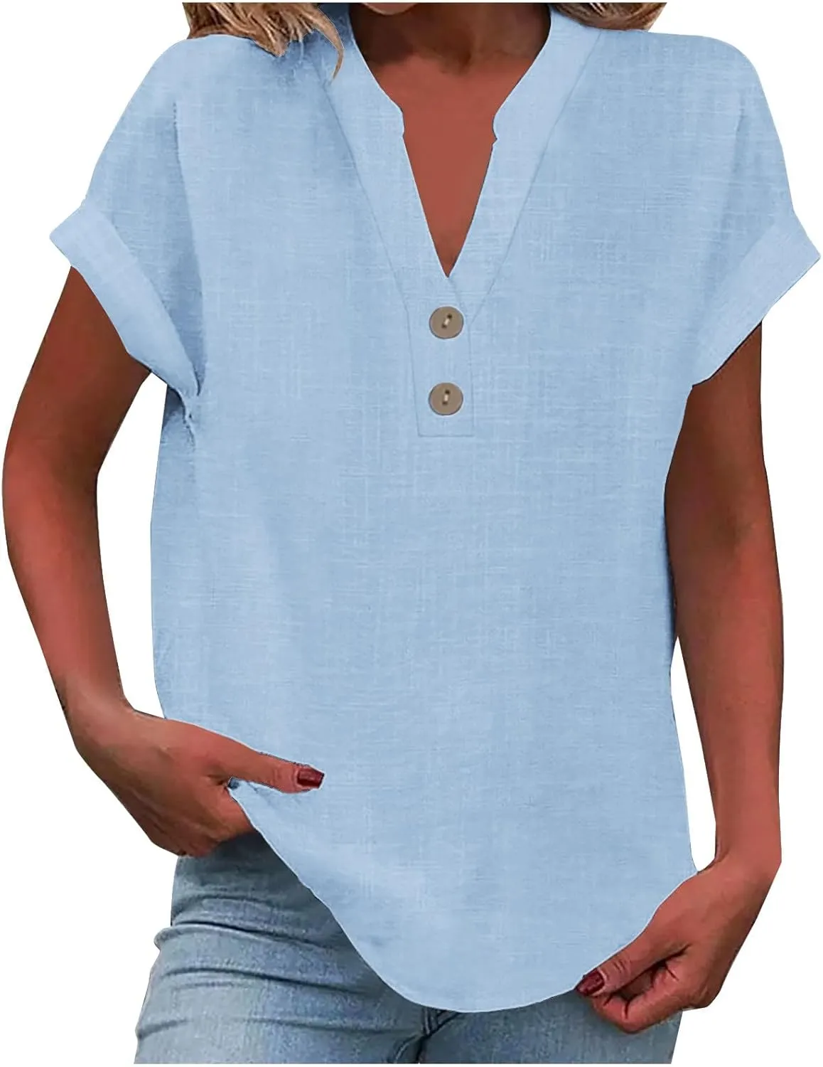 Binmer Half Button Linen Tops for Womens Oversized Short Sleeve V Neck Shirts Loose Fit Tunic Blouse Casual Summer Tee