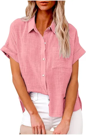 Binmer Womens Linen Button Down Shirt 2024 Fashion Plus Size Blouse Summer Casual Loose Dressy Short Sleeve Tops S-5XL