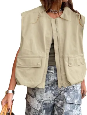 Blazers for Women Business Casual Sleeveless Zipper Tops Plus Size Fashion Cardigans with Pocket Summer Coat 2025