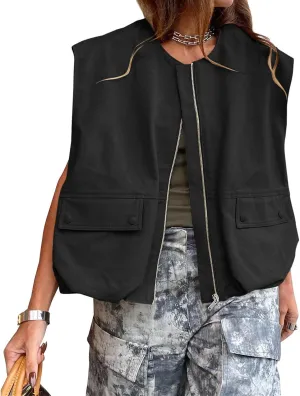 Blazers for Women Business Casual Sleeveless Zipper Tops Plus Size Fashion Cardigans with Pocket Summer Coat 2025