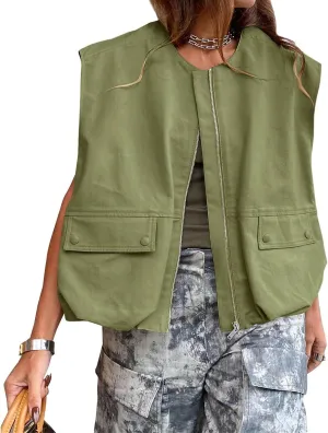 Blazers for Women Business Casual Sleeveless Zipper Tops Plus Size Fashion Cardigans with Pocket Summer Coat 2025