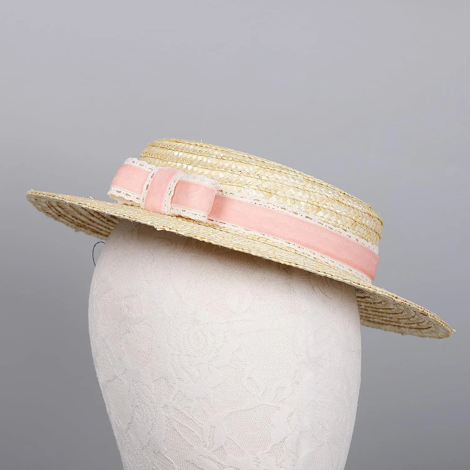 Boater hat Low Cup Straw hat top Very Low Fascinator Base Mini Top Hat with Velvet and Crochet Ribbon