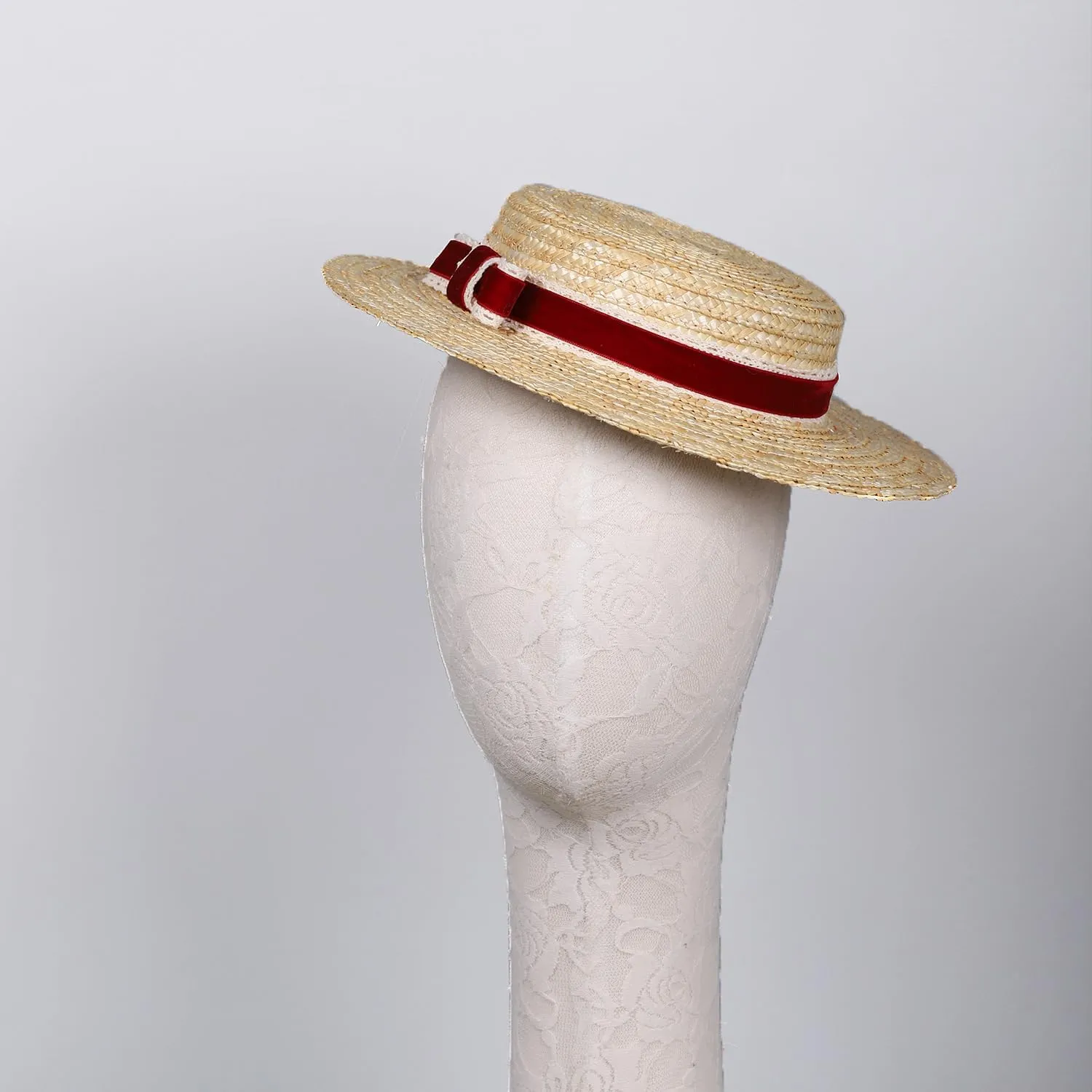 Boater hat Low Cup Straw hat top Very Low Fascinator Base Mini Top Hat with Velvet and Crochet Ribbon