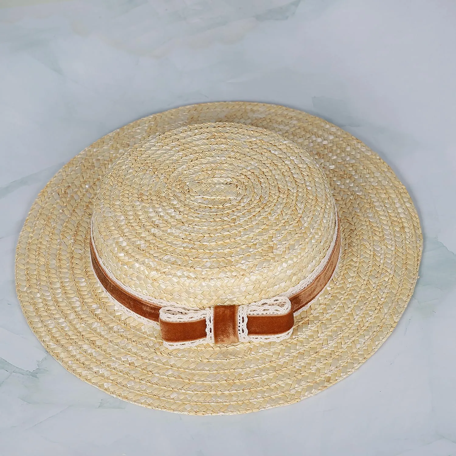 Boater hat Low Cup Straw hat top Very Low Fascinator Base Mini Top Hat with Velvet and Crochet Ribbon