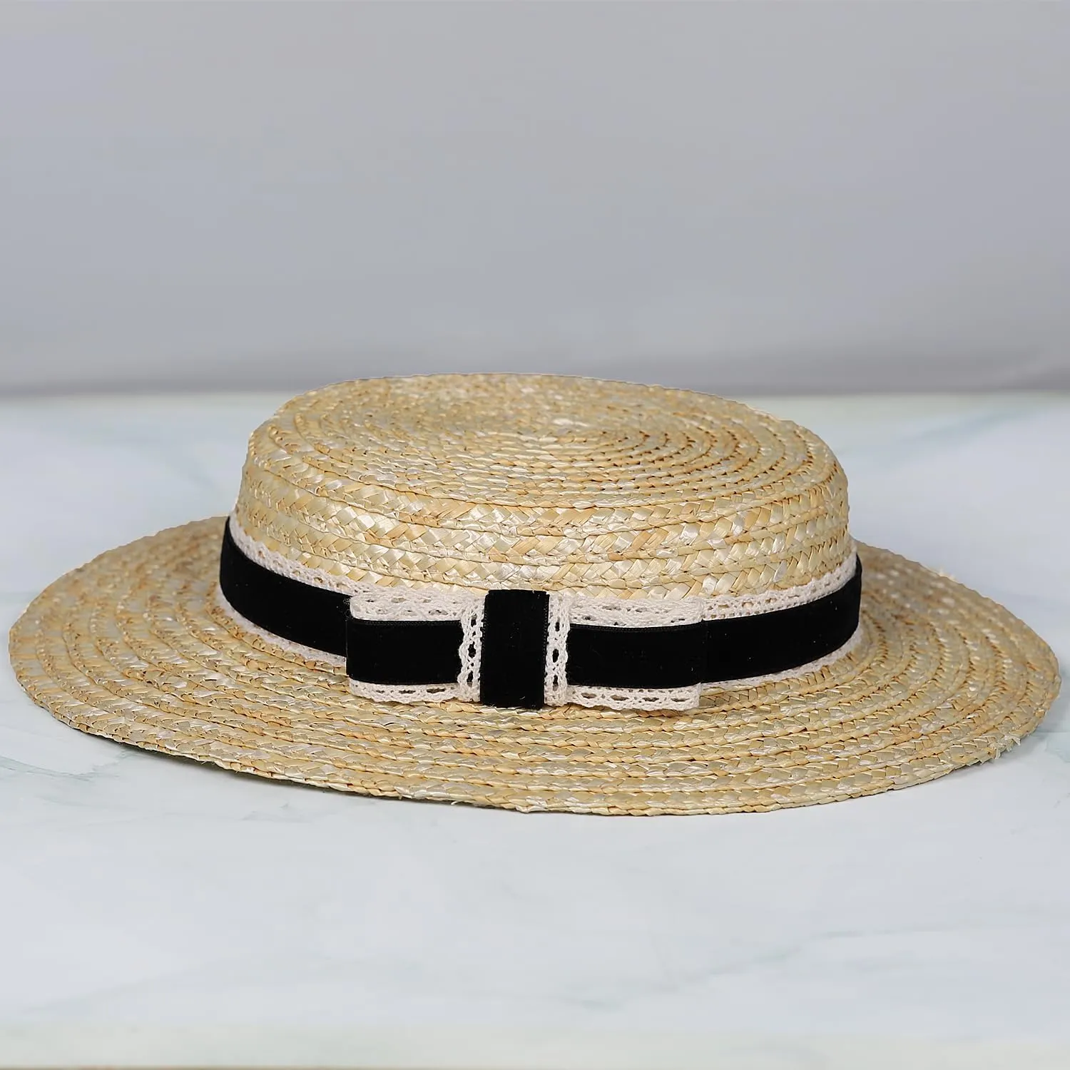 Boater hat Low Cup Straw hat top Very Low Fascinator Base Mini Top Hat with Velvet and Crochet Ribbon