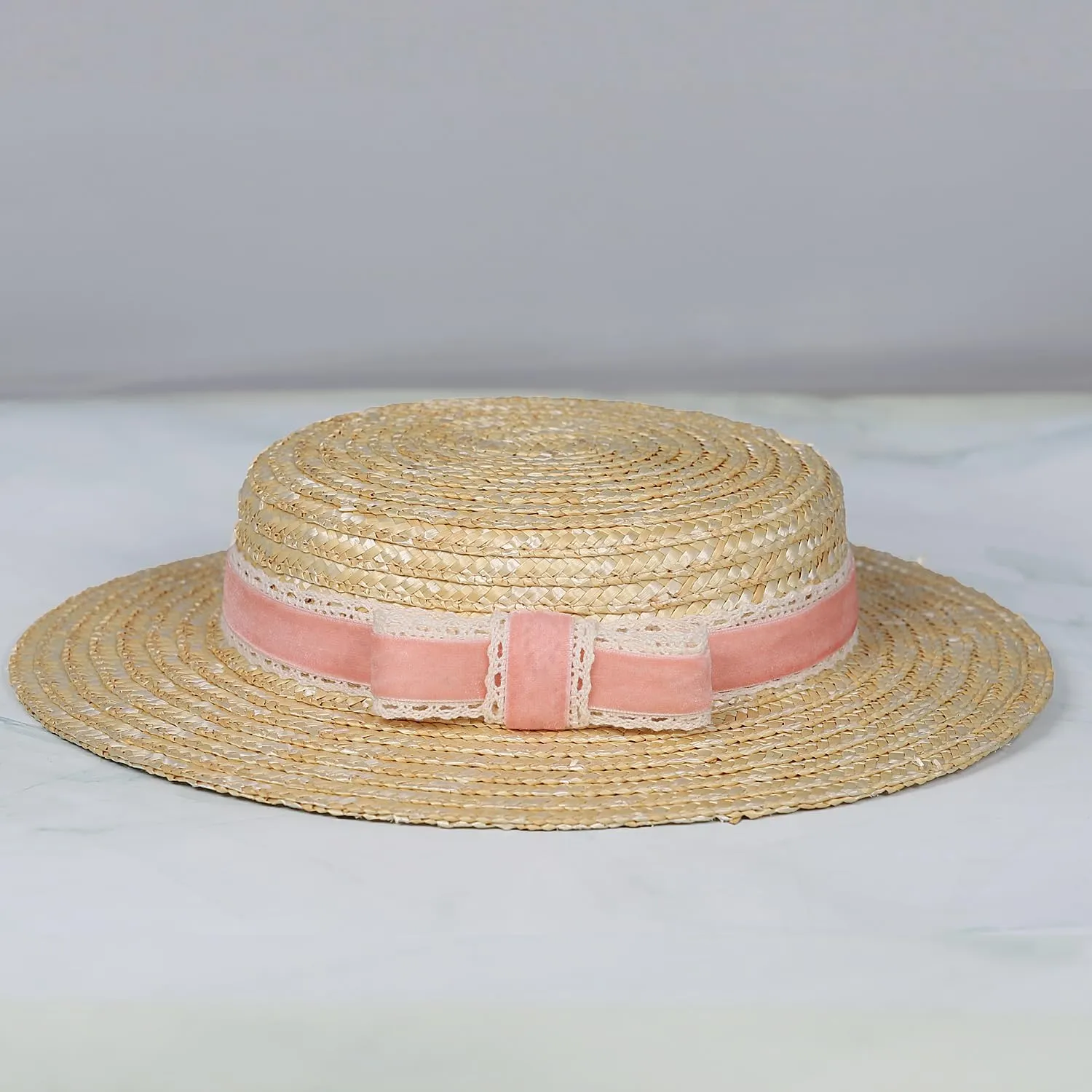 Boater hat Low Cup Straw hat top Very Low Fascinator Base Mini Top Hat with Velvet and Crochet Ribbon