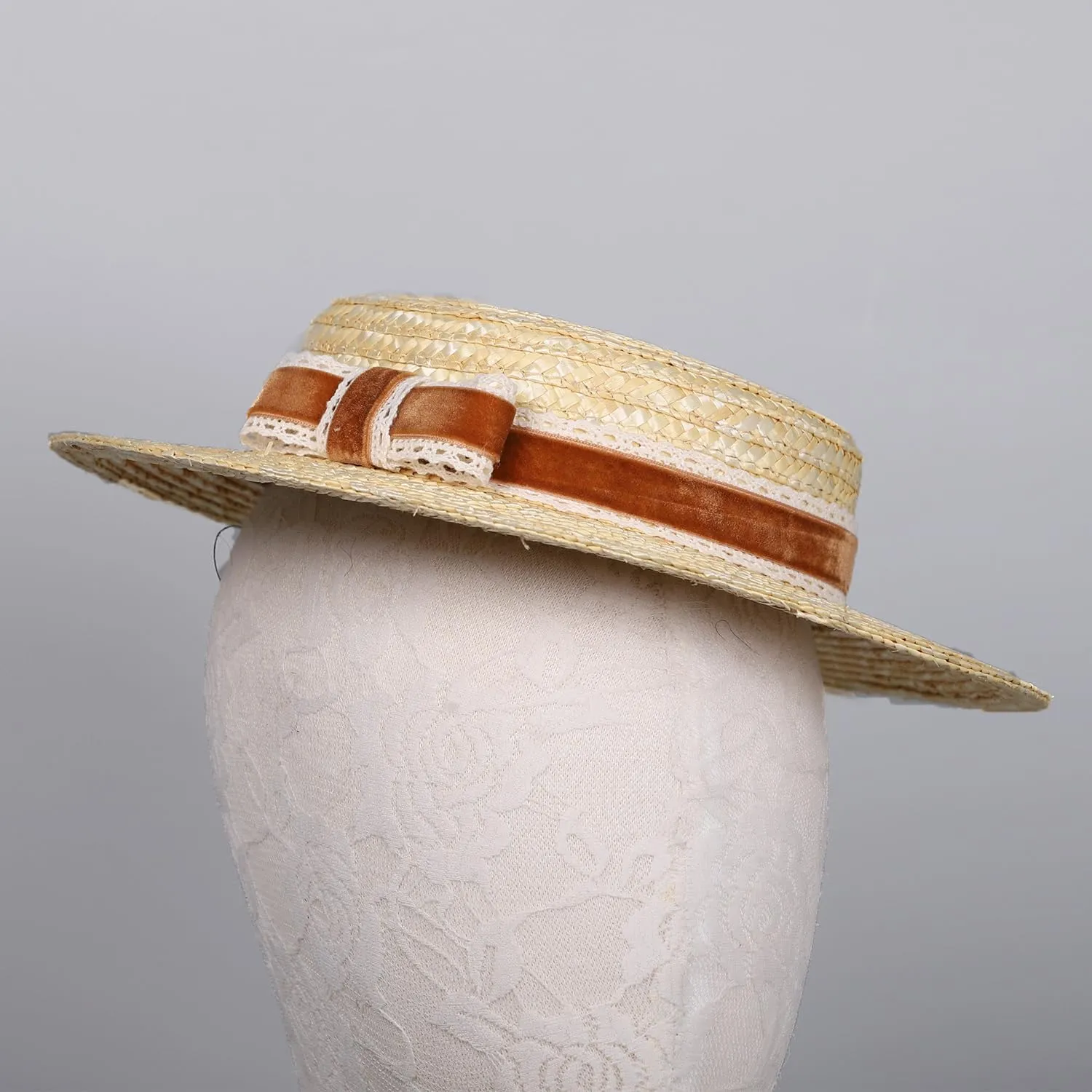 Boater hat Low Cup Straw hat top Very Low Fascinator Base Mini Top Hat with Velvet and Crochet Ribbon