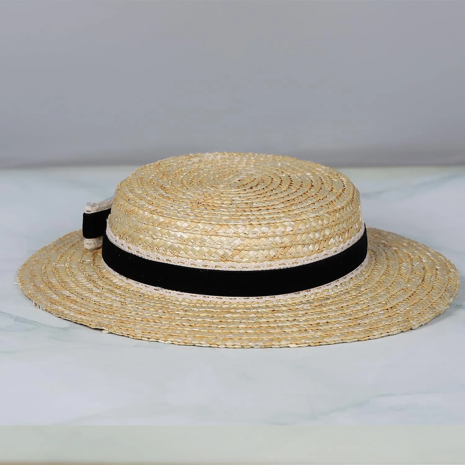 Boater hat Low Cup Straw hat top Very Low Fascinator Base Mini Top Hat with Velvet and Crochet Ribbon