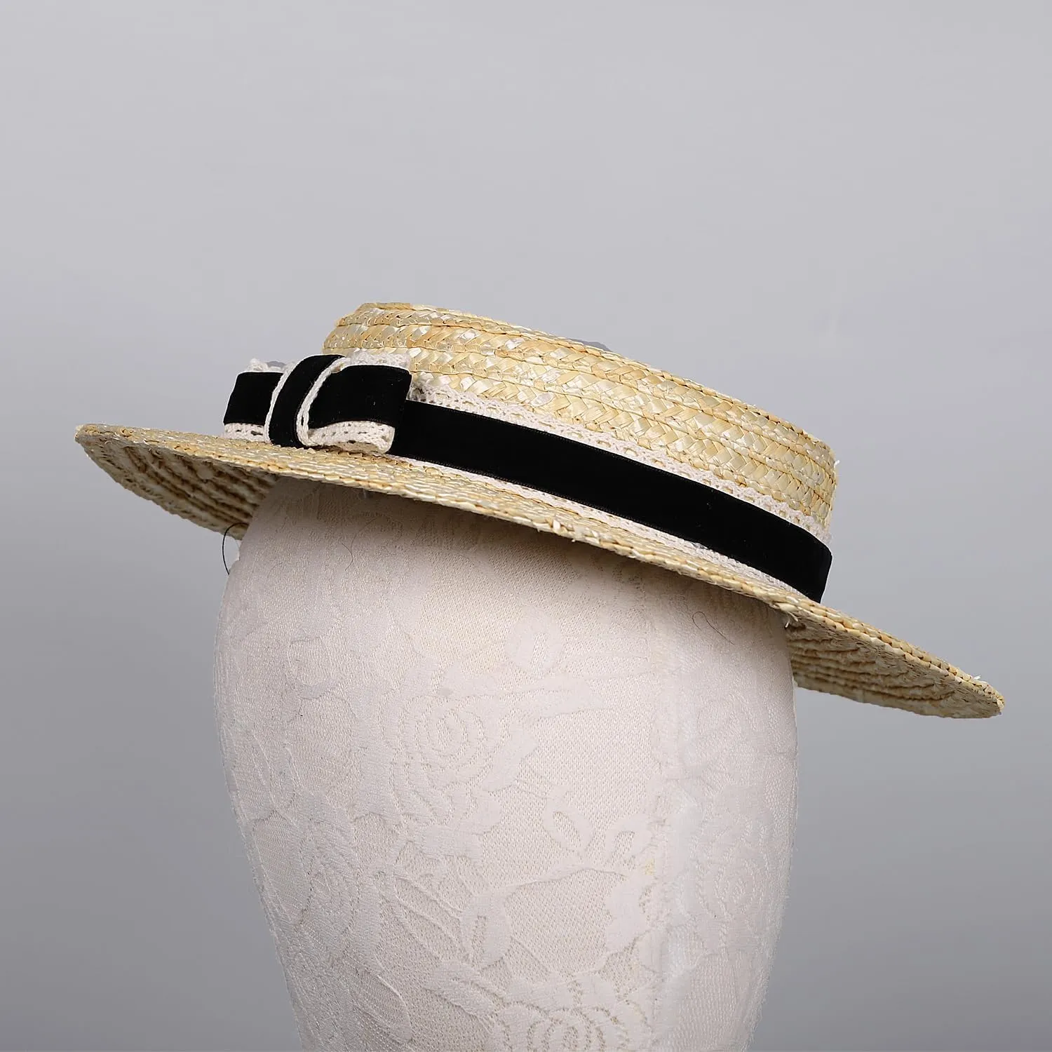 Boater hat Low Cup Straw hat top Very Low Fascinator Base Mini Top Hat with Velvet and Crochet Ribbon