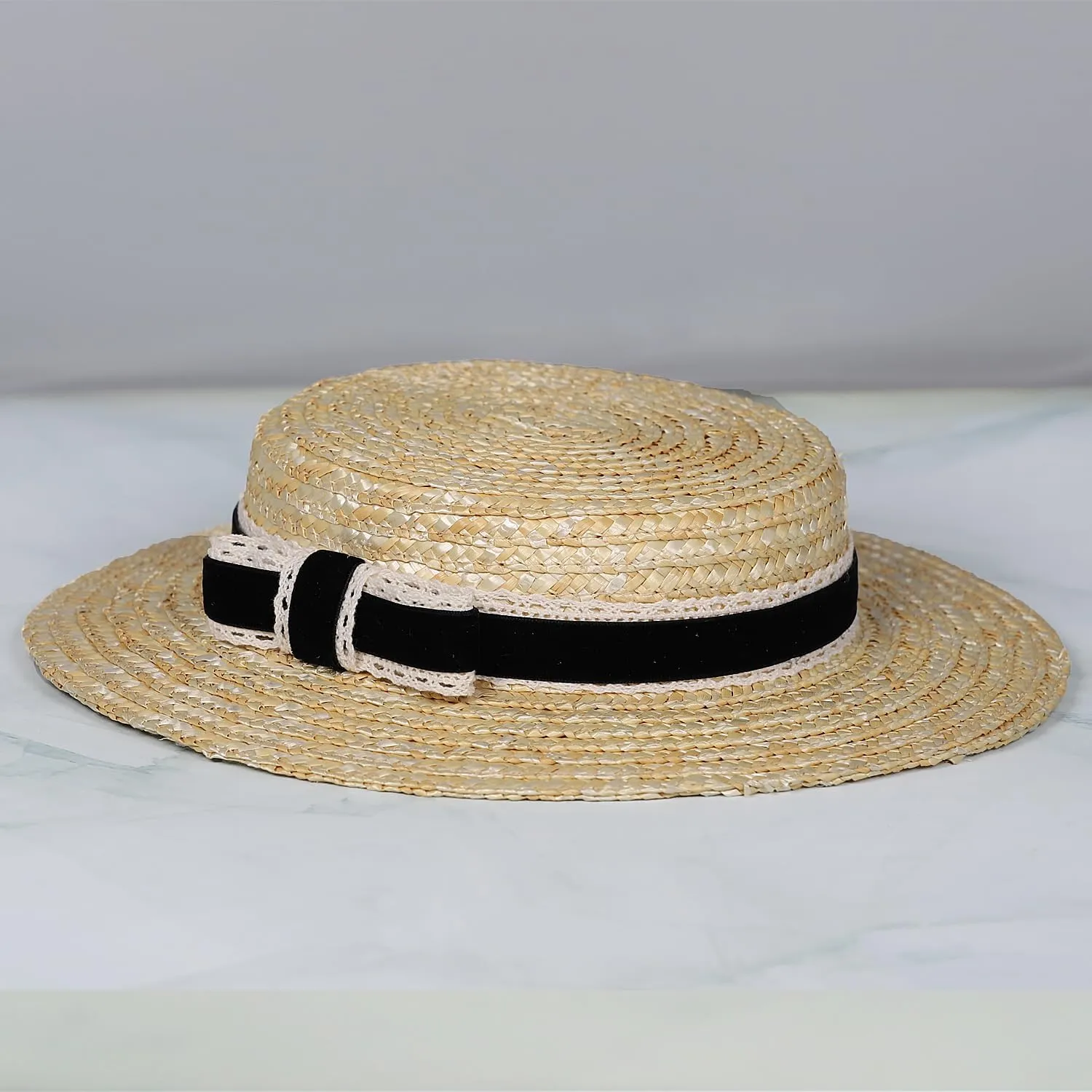 Boater hat Low Cup Straw hat top Very Low Fascinator Base Mini Top Hat with Velvet and Crochet Ribbon