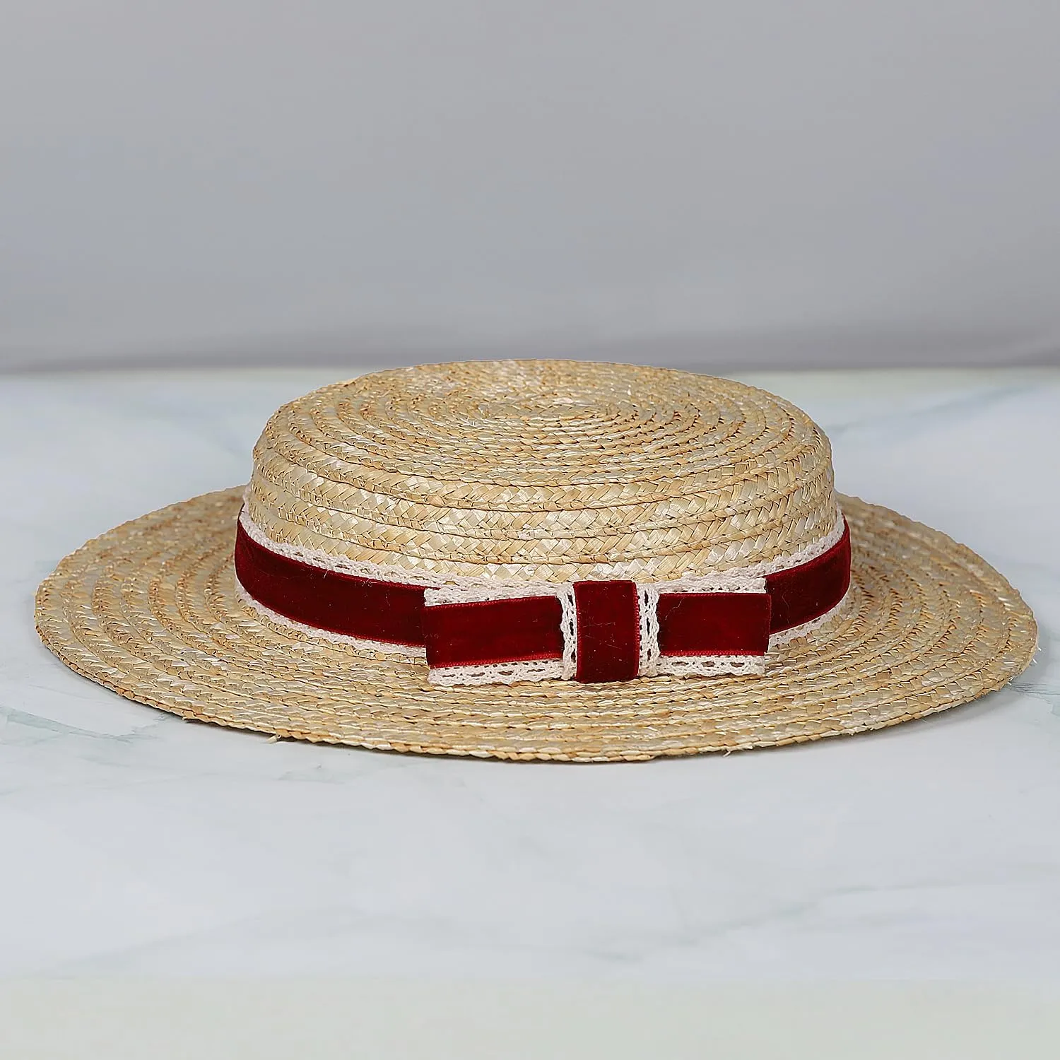 Boater hat Low Cup Straw hat top Very Low Fascinator Base Mini Top Hat with Velvet and Crochet Ribbon