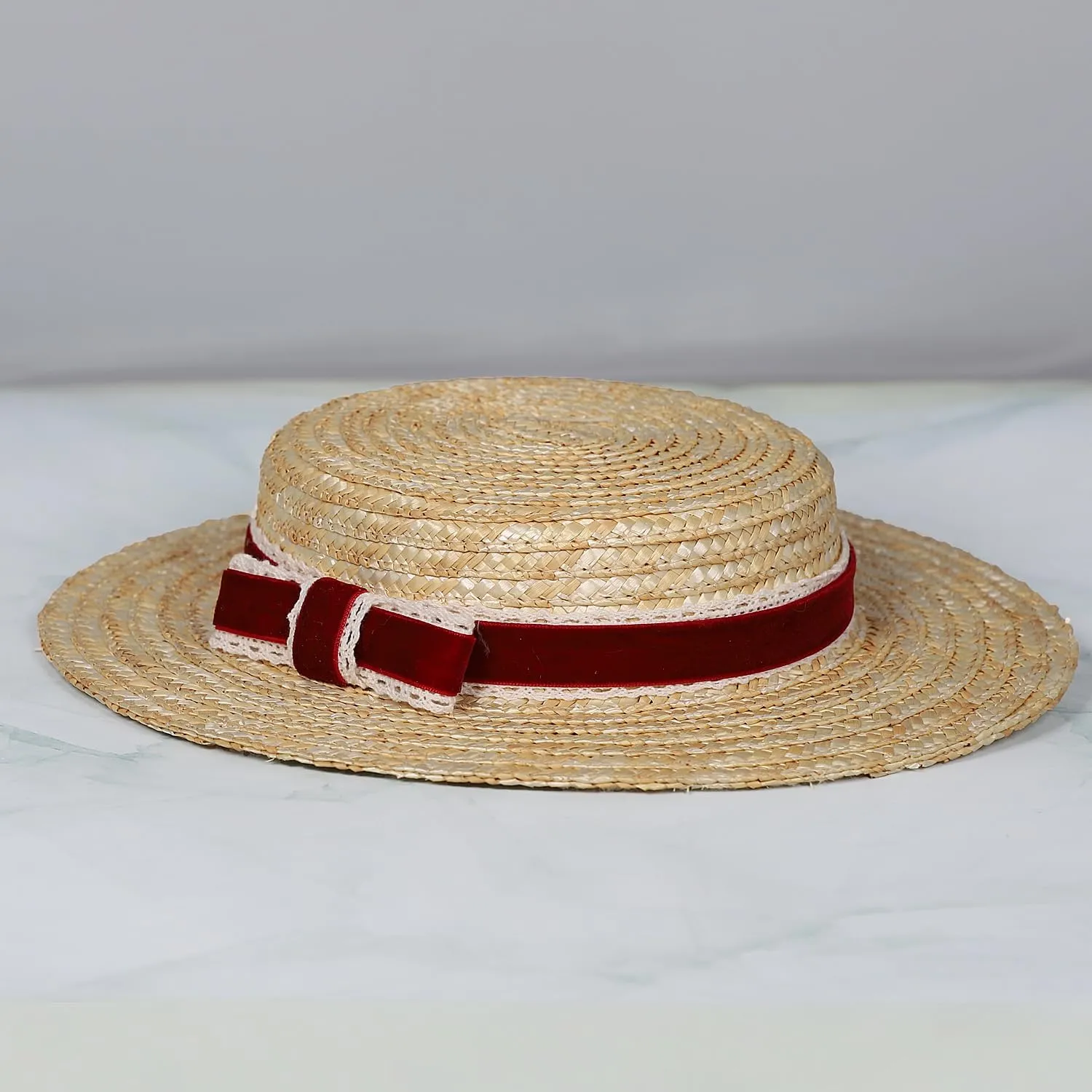 Boater hat Low Cup Straw hat top Very Low Fascinator Base Mini Top Hat with Velvet and Crochet Ribbon