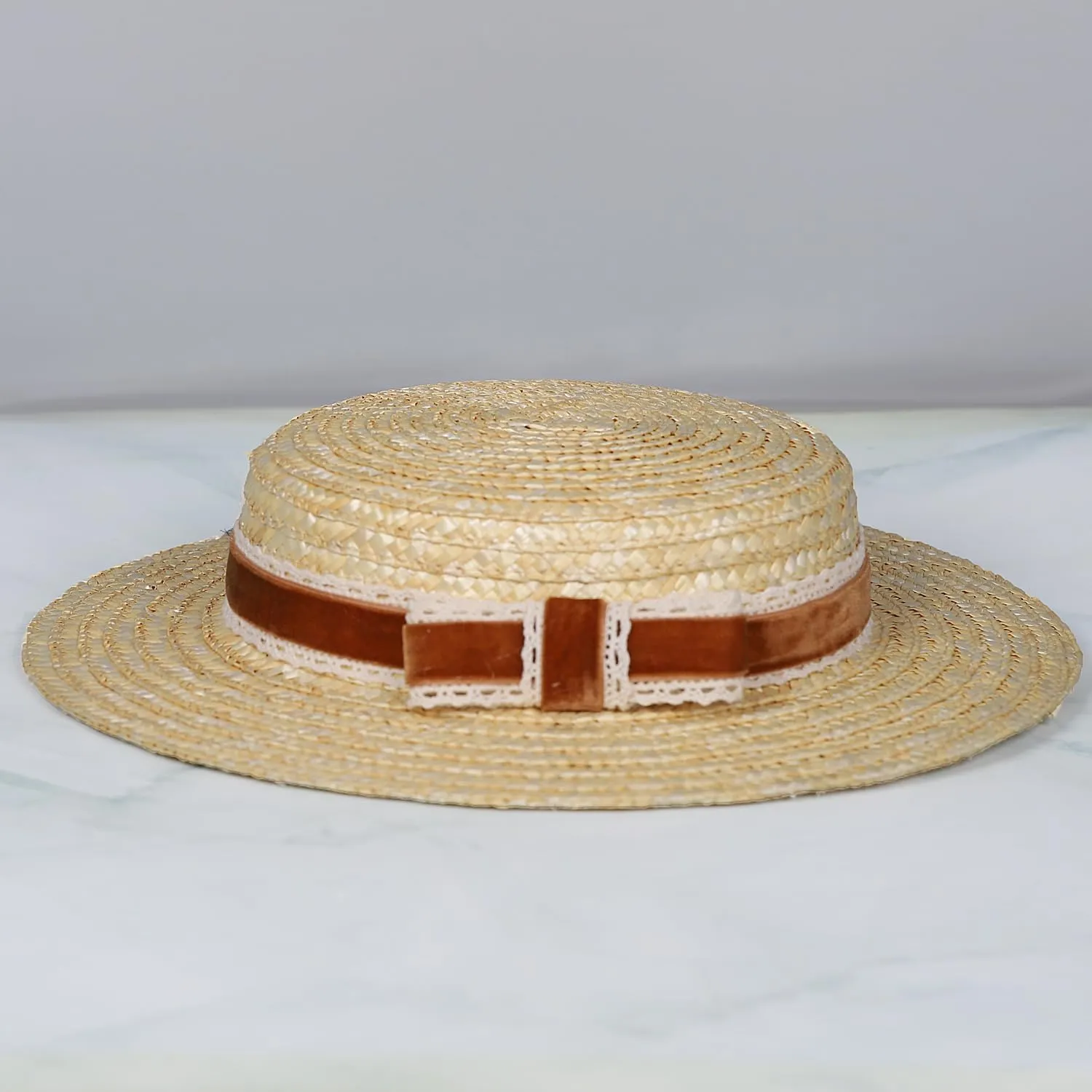 Boater hat Low Cup Straw hat top Very Low Fascinator Base Mini Top Hat with Velvet and Crochet Ribbon