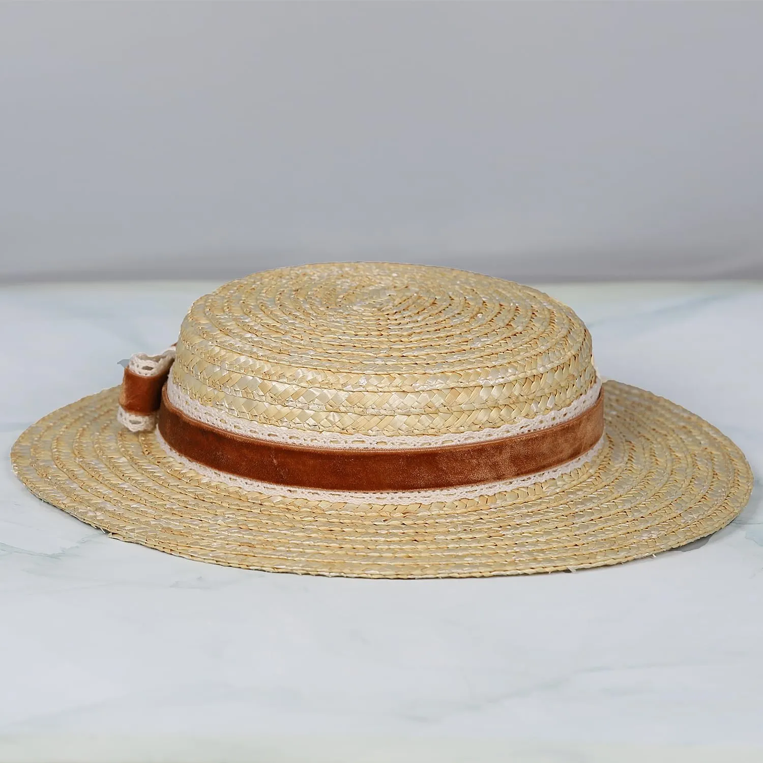 Boater hat Low Cup Straw hat top Very Low Fascinator Base Mini Top Hat with Velvet and Crochet Ribbon