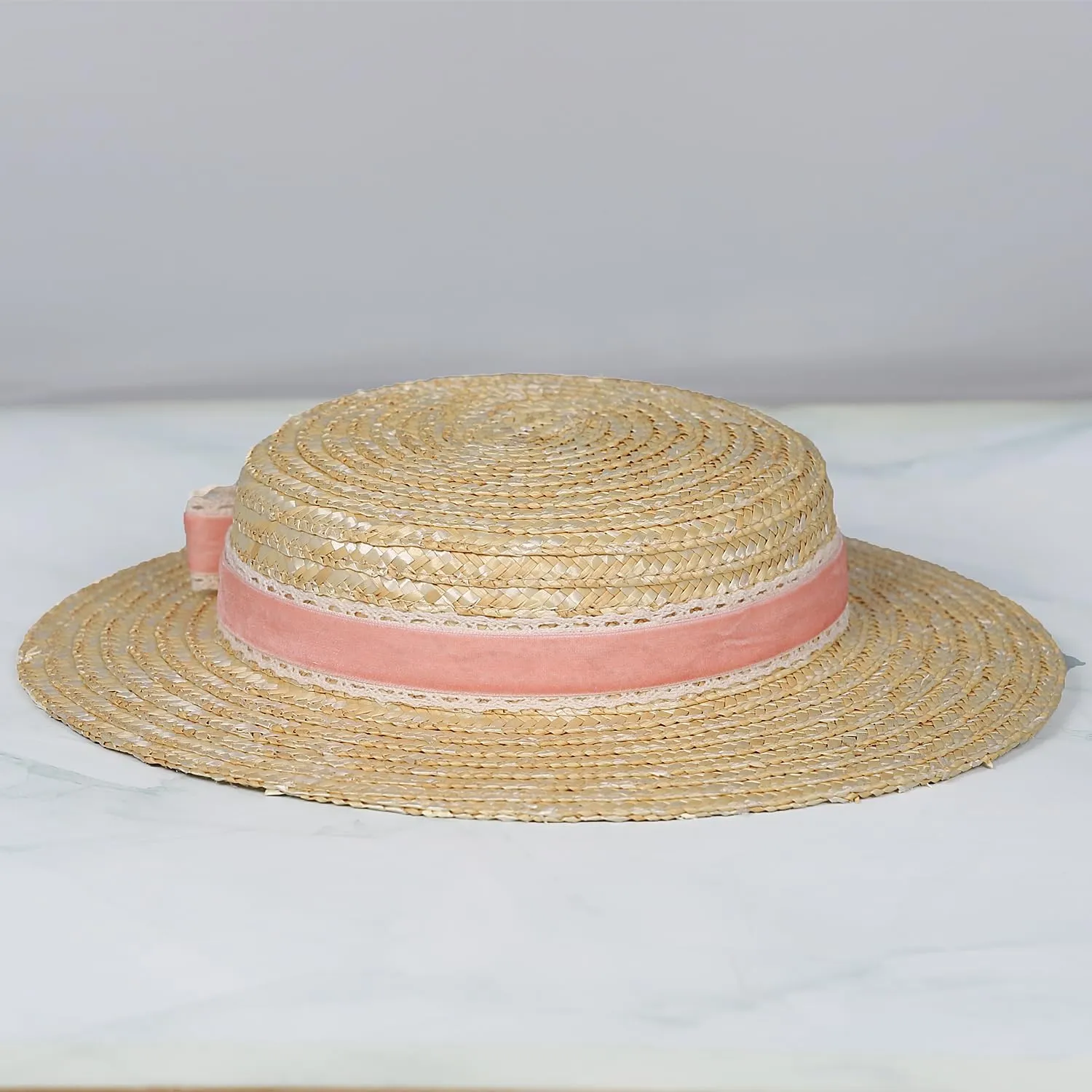 Boater hat Low Cup Straw hat top Very Low Fascinator Base Mini Top Hat with Velvet and Crochet Ribbon