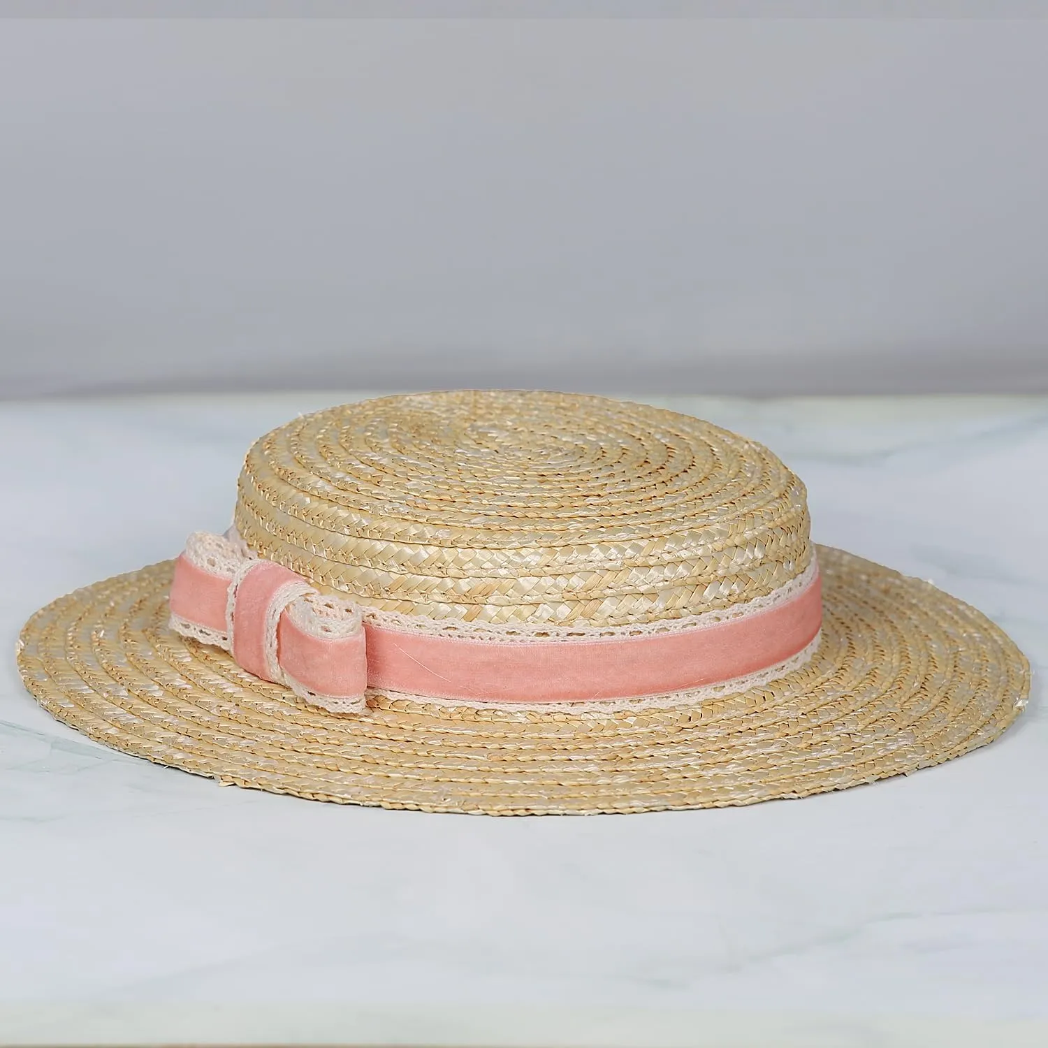 Boater hat Low Cup Straw hat top Very Low Fascinator Base Mini Top Hat with Velvet and Crochet Ribbon