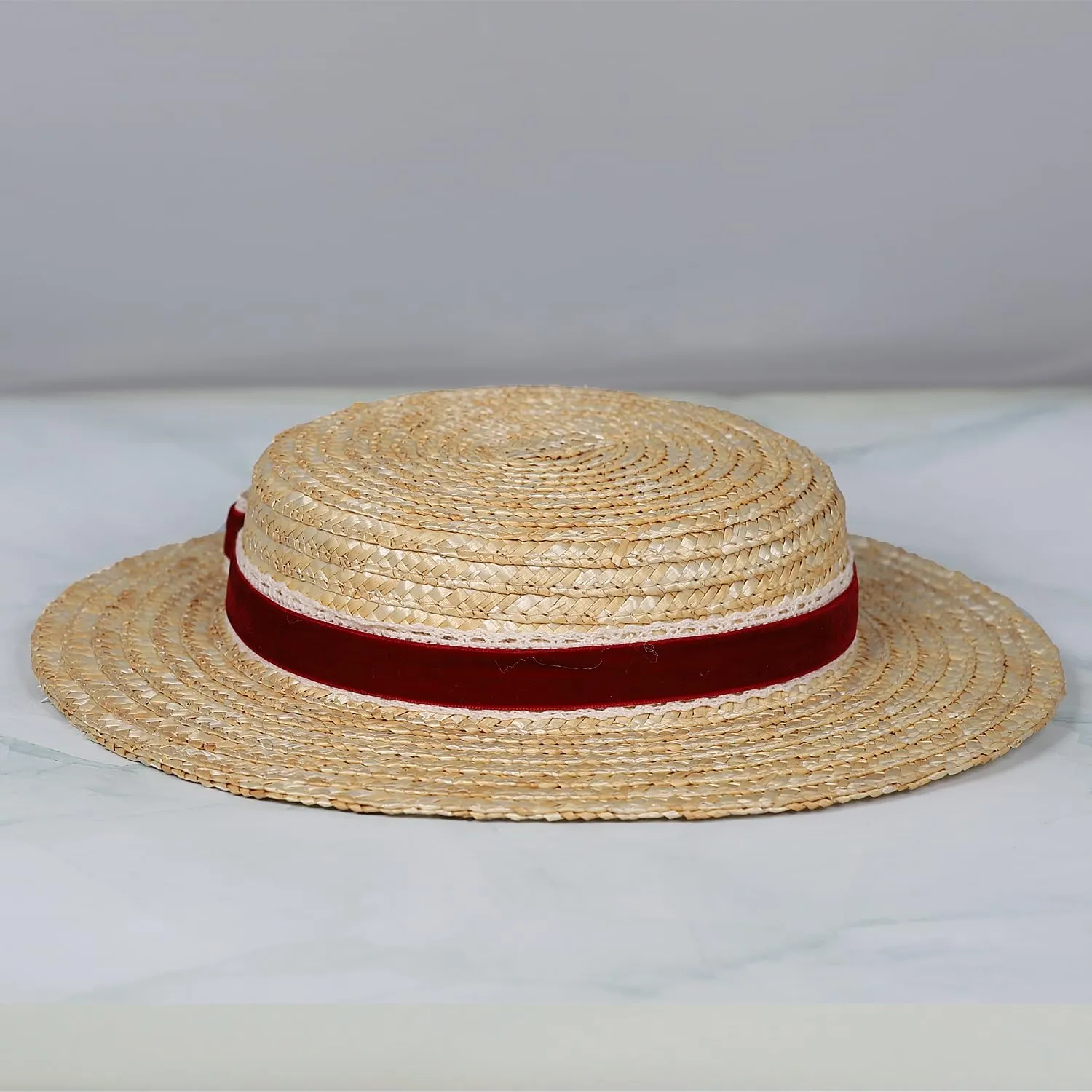 Boater hat Low Cup Straw hat top Very Low Fascinator Base Mini Top Hat with Velvet and Crochet Ribbon