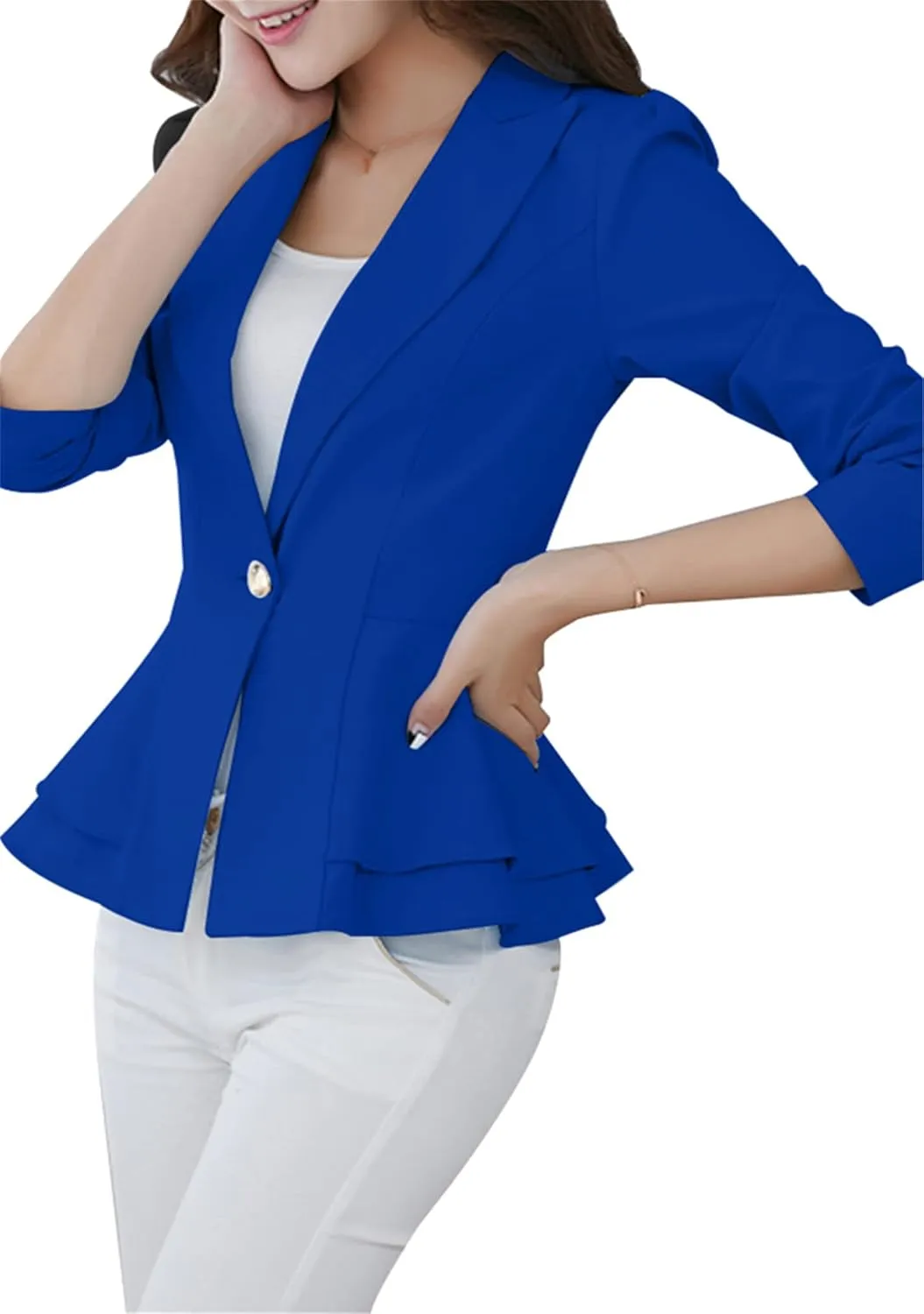 BOFETA Women's Long Sleeve Blazer One Button Solid Color Business Jacket Blazer Notched Collar Slim Oversized Office Coat