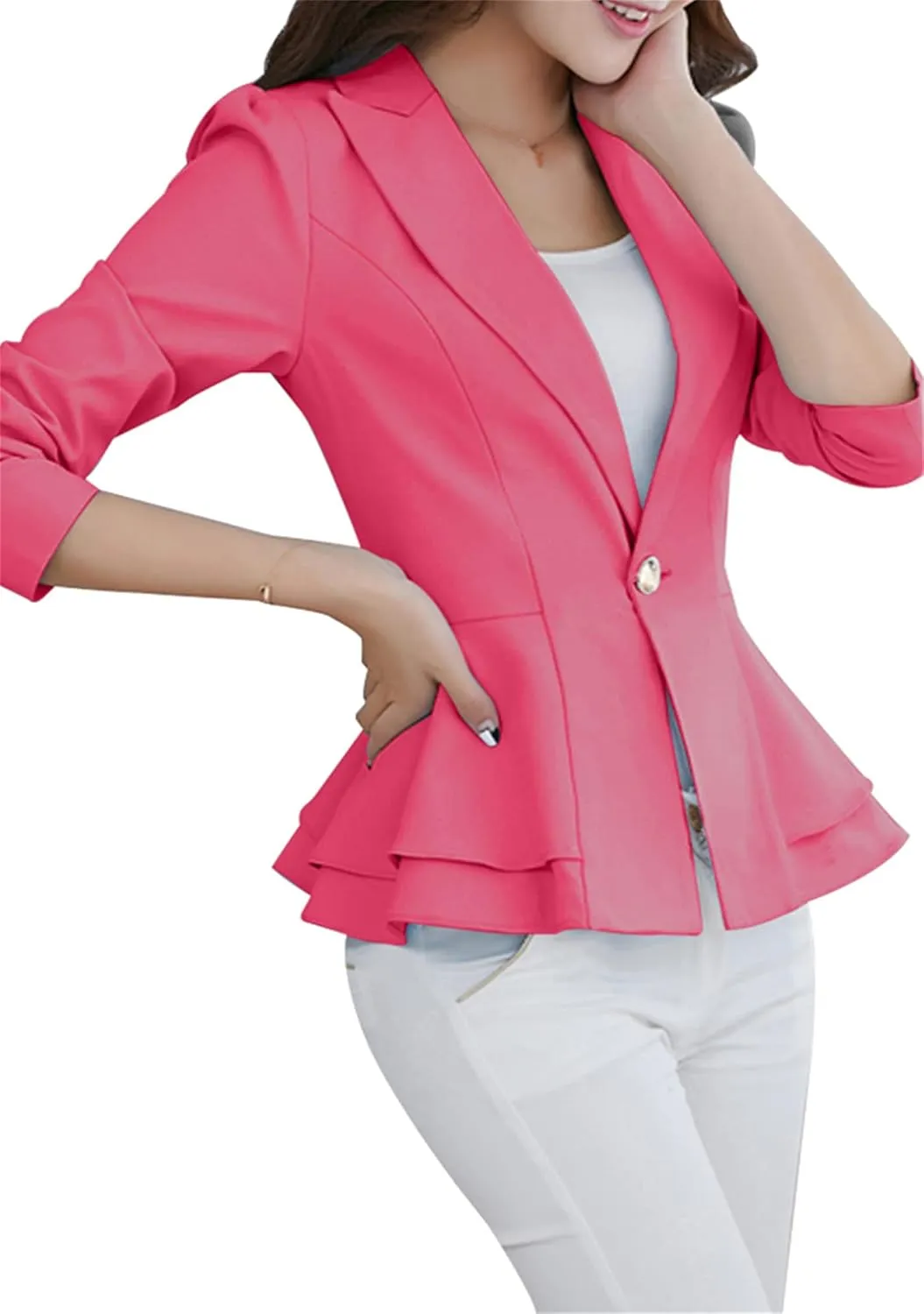 BOFETA Women's Long Sleeve Blazer One Button Solid Color Business Jacket Blazer Notched Collar Slim Oversized Office Coat