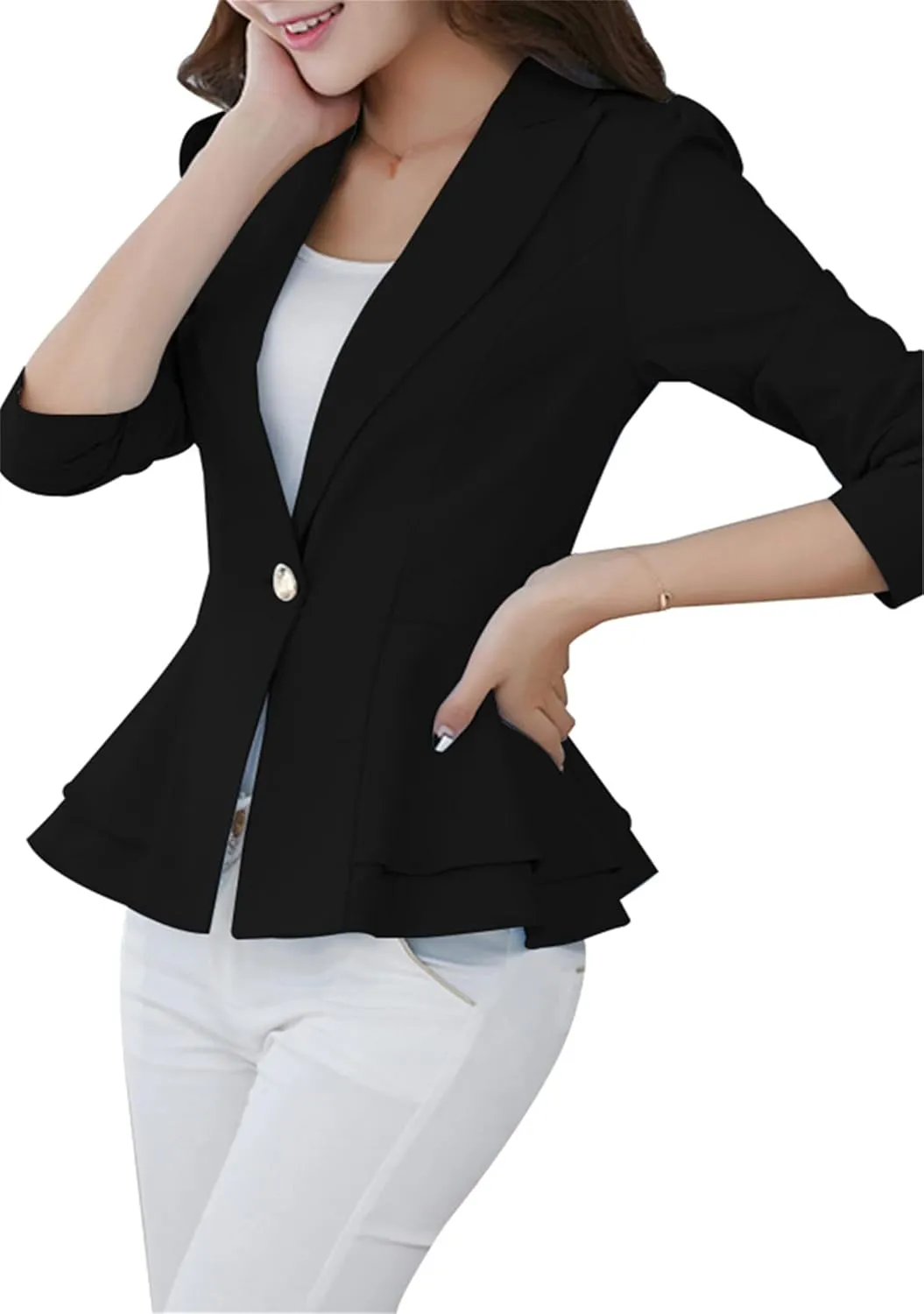 BOFETA Women's Long Sleeve Blazer One Button Solid Color Business Jacket Blazer Notched Collar Slim Oversized Office Coat