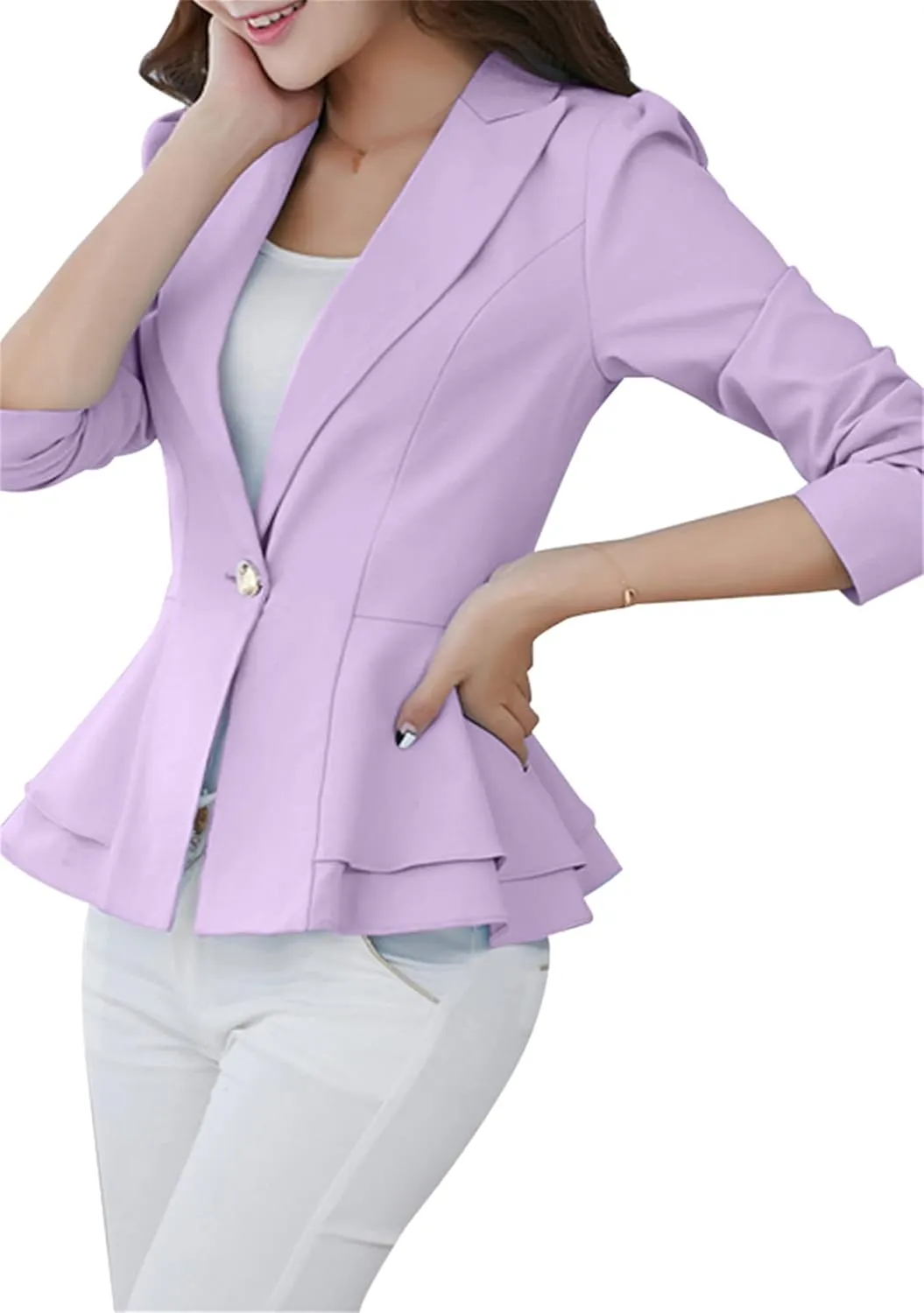 BOFETA Women's Long Sleeve Blazer One Button Solid Color Business Jacket Blazer Notched Collar Slim Oversized Office Coat