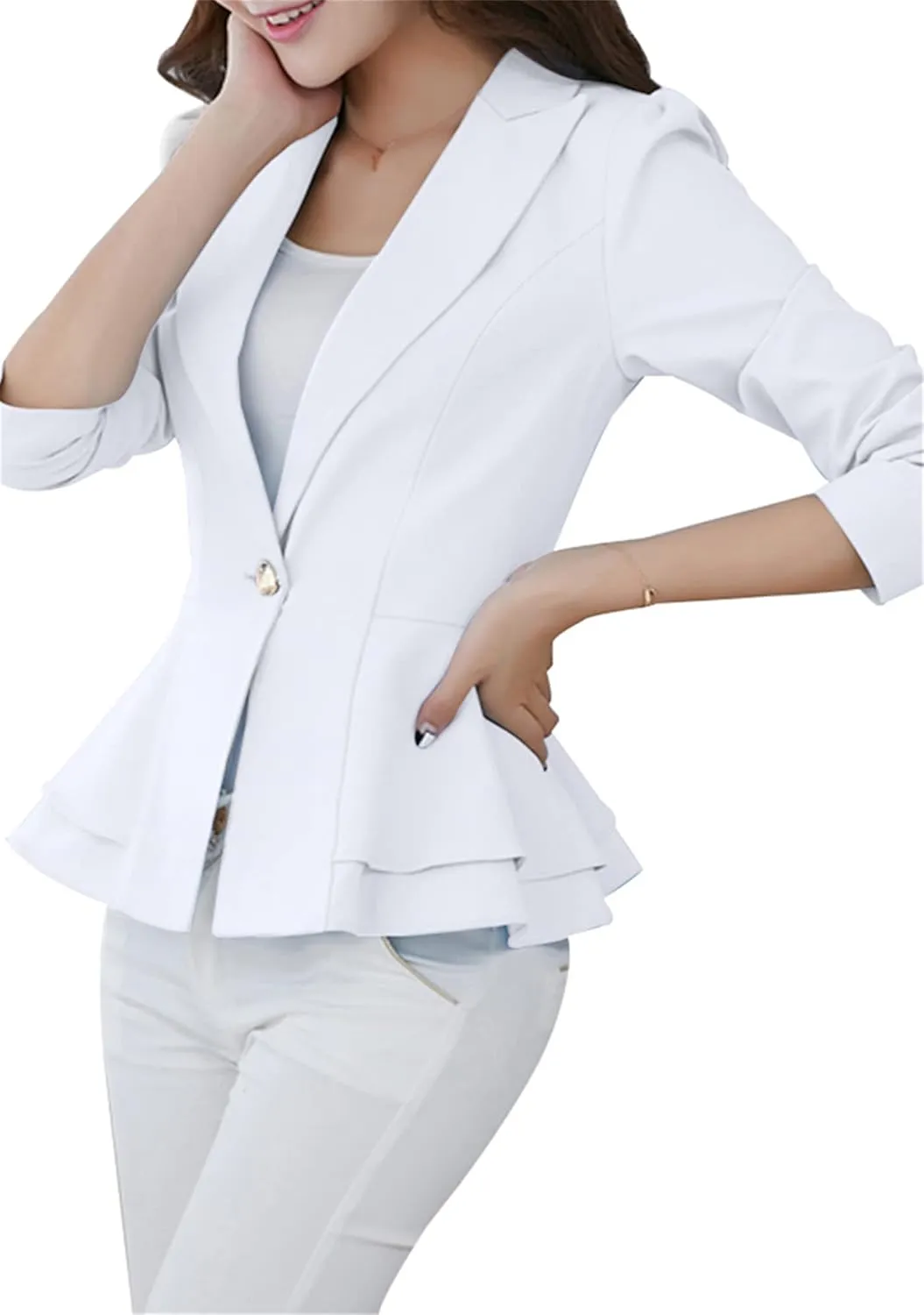 BOFETA Women's Long Sleeve Blazer One Button Solid Color Business Jacket Blazer Notched Collar Slim Oversized Office Coat