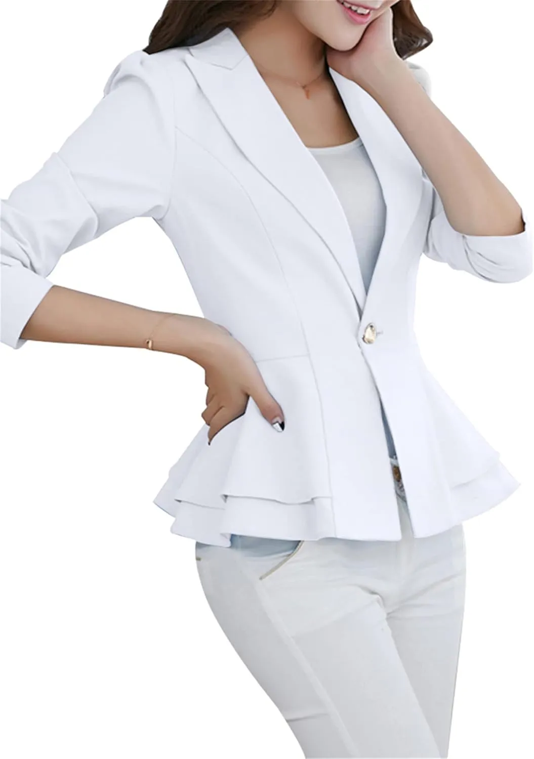 BOFETA Women's Long Sleeve Blazer One Button Solid Color Business Jacket Blazer Notched Collar Slim Oversized Office Coat