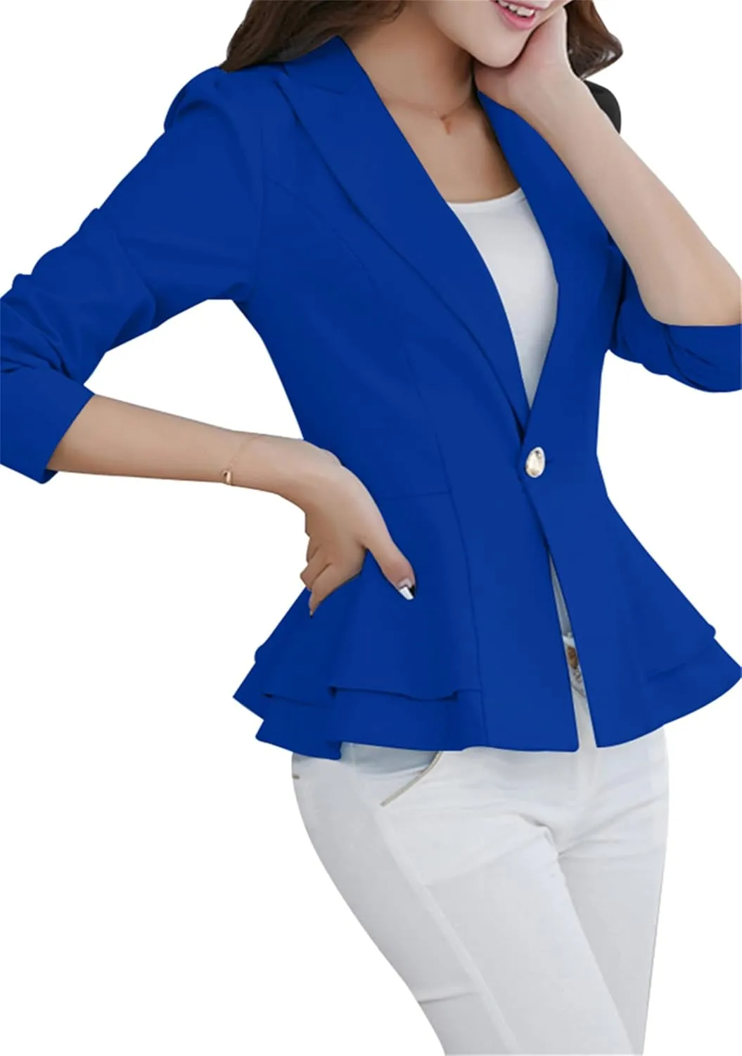 BOFETA Women's Long Sleeve Blazer One Button Solid Color Business Jacket Blazer Notched Collar Slim Oversized Office Coat