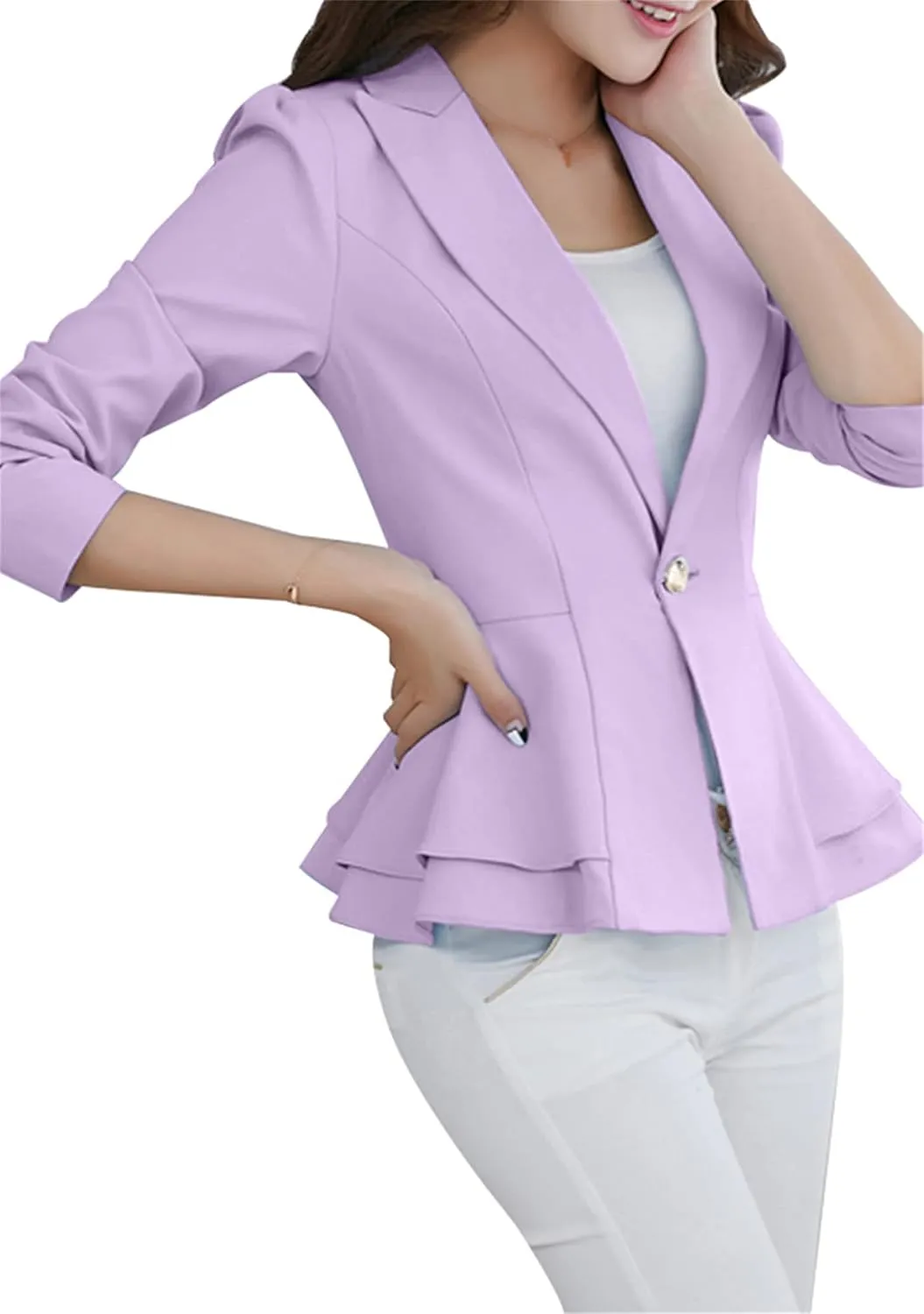 BOFETA Women's Long Sleeve Blazer One Button Solid Color Business Jacket Blazer Notched Collar Slim Oversized Office Coat