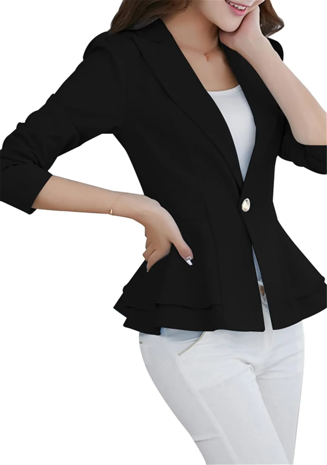 BOFETA Women's Long Sleeve Blazer One Button Solid Color Business Jacket Blazer Notched Collar Slim Oversized Office Coat