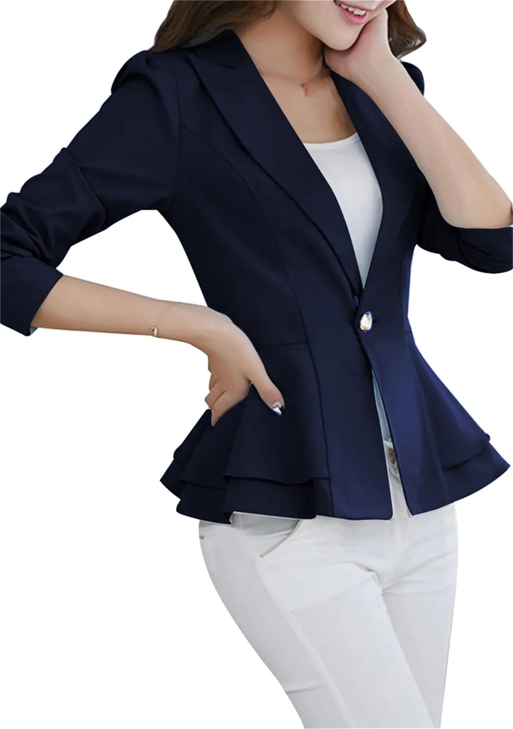 BOFETA Women's Long Sleeve Blazer One Button Solid Color Business Jacket Blazer Notched Collar Slim Oversized Office Coat