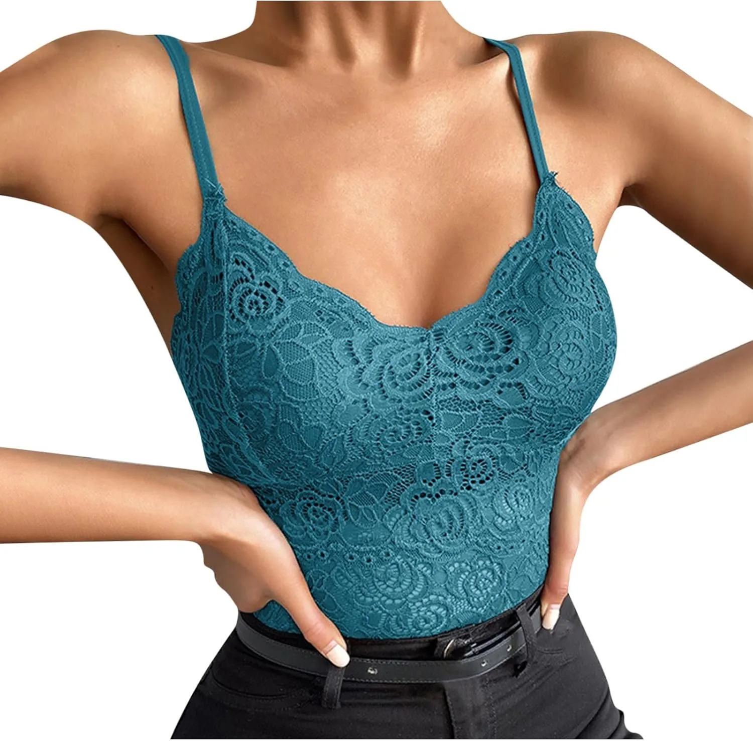 Borniu Women's Lace Bralette Sexy V Neck Unpadded Wirefree Longline Bra Strap Crop Tops Stretchy Camisoles Everyday Lingerie