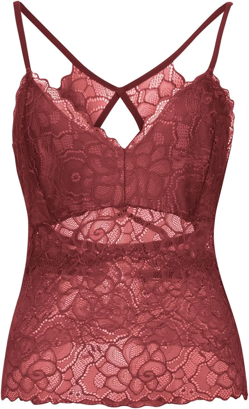 Borniu Women's Lace Bralette Sexy V Neck Unpadded Wirefree Longline Bra Strap Crop Tops Stretchy Camisoles Everyday Lingerie