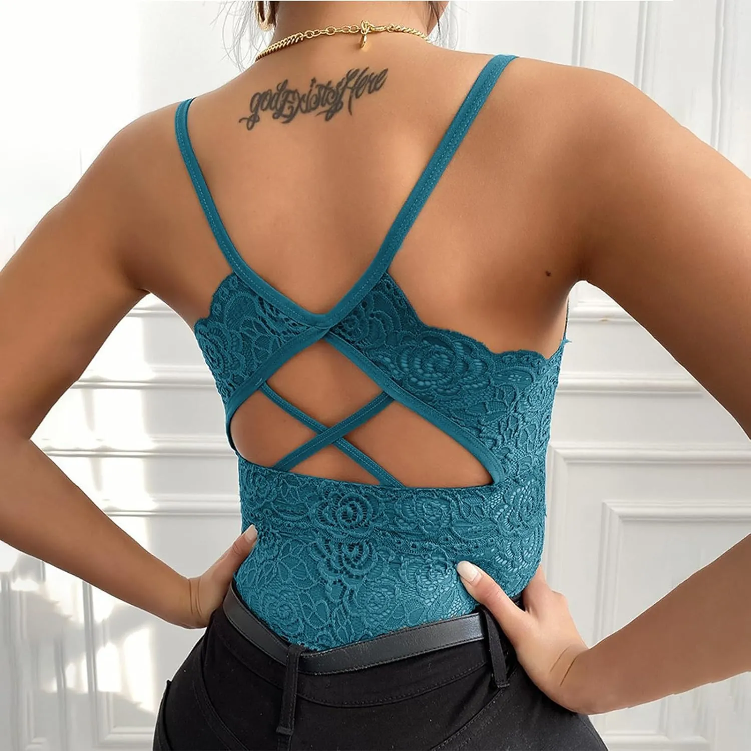 Borniu Women's Lace Bralette Sexy V Neck Unpadded Wirefree Longline Bra Strap Crop Tops Stretchy Camisoles Everyday Lingerie