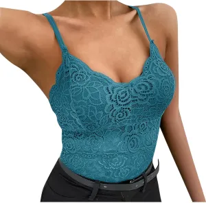 Borniu Women's Lace Bralette Sexy V Neck Unpadded Wirefree Longline Bra Strap Crop Tops Stretchy Camisoles Everyday Lingerie